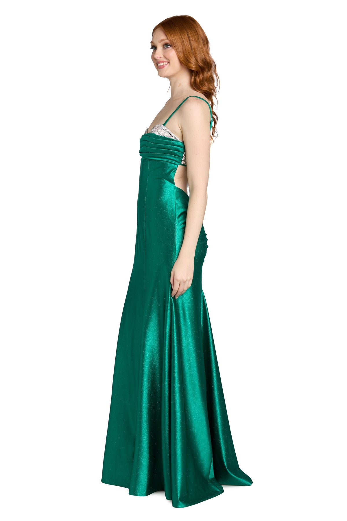 Spaghetti Strap Long Satin Prom Dress by Morgan & Co 14109 in Emerald/Silver