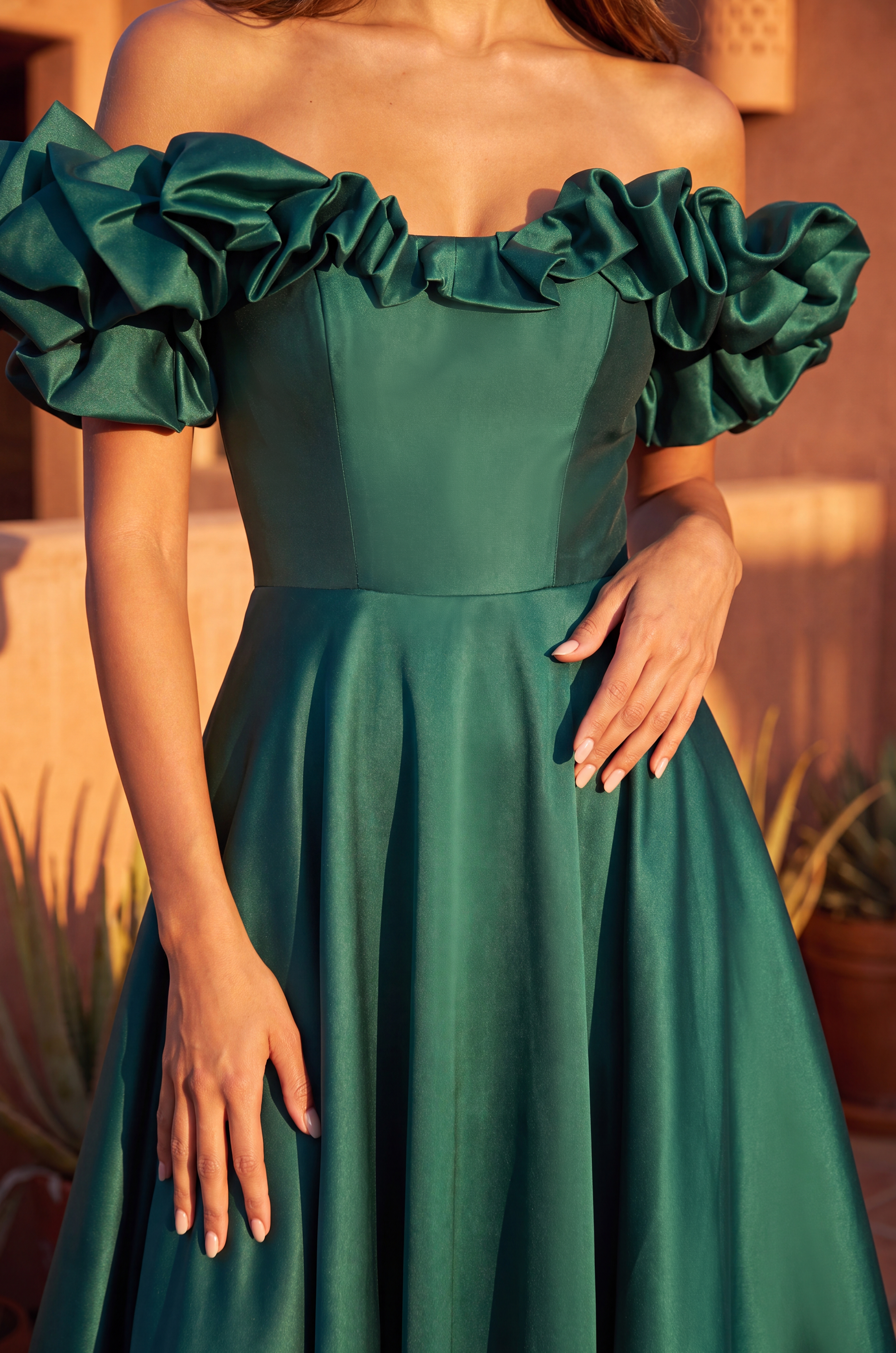 Prom Dresses Long Ball Gown Satin Ruffle Off Shoulder Prom Dress Emerald Green