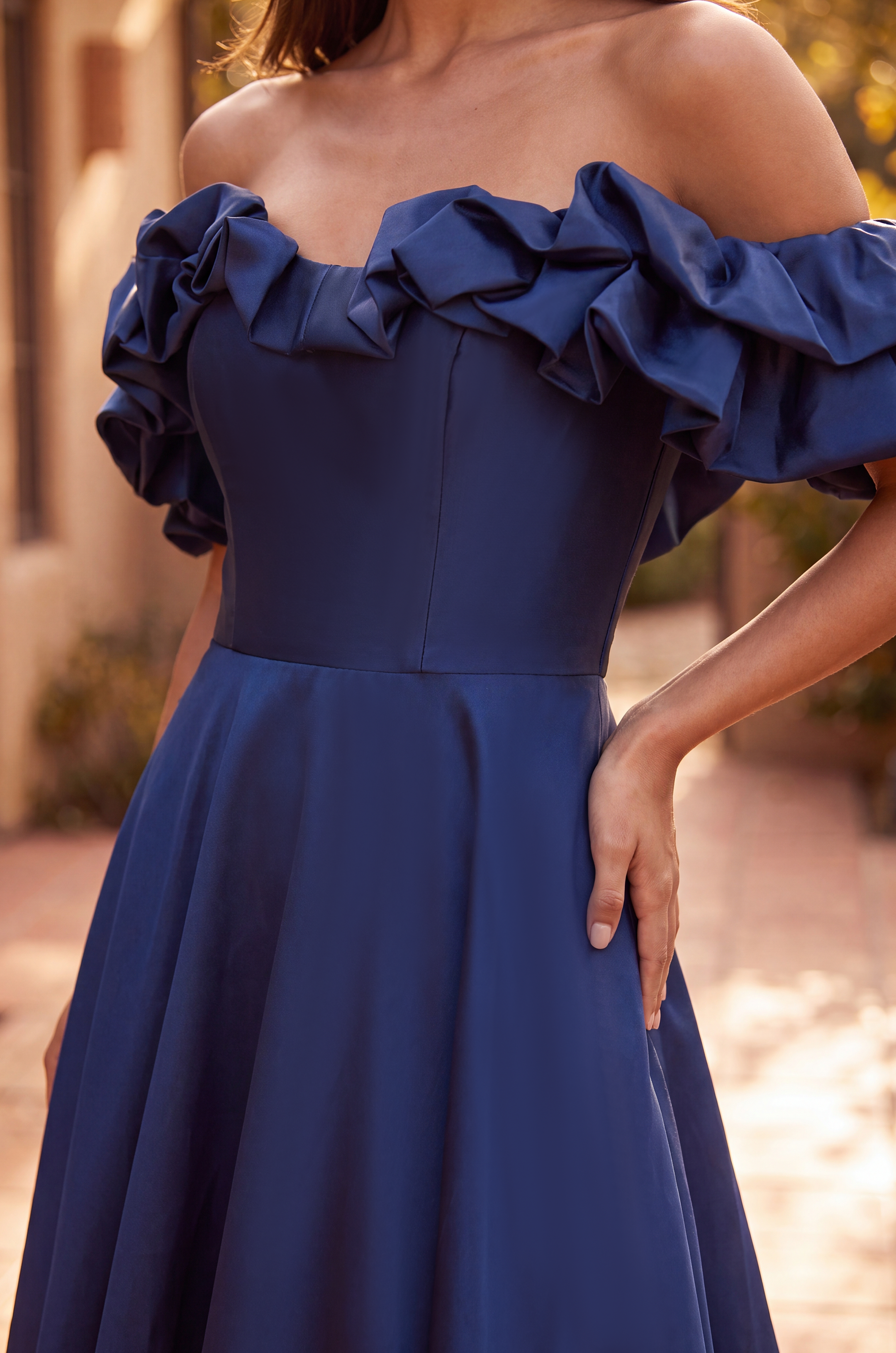 Prom Dresses Long Ball Gown Satin Ruffle Off Shoulder Prom Dress Navy