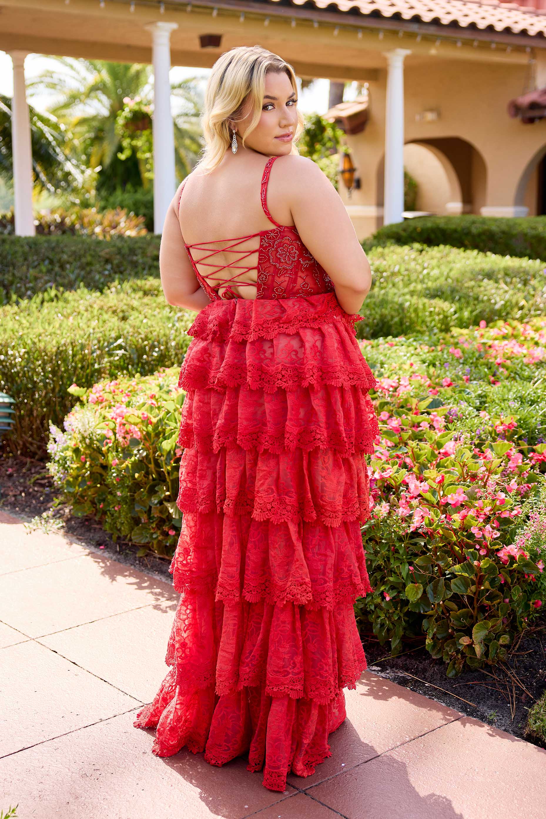 Plus Size Dresses Plus Size Long Prom Formal Lace Ruffle Dress Primavera Couture 14110 Red Nude