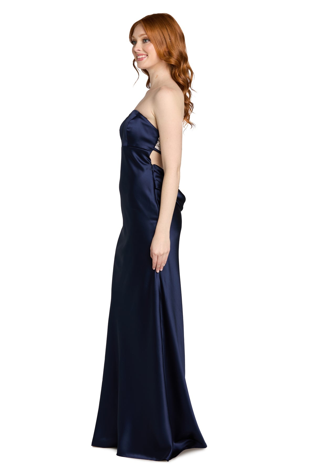Navy Strapless Floor-Length Satin Formal Column Gown Elara Morgan & Co 14110