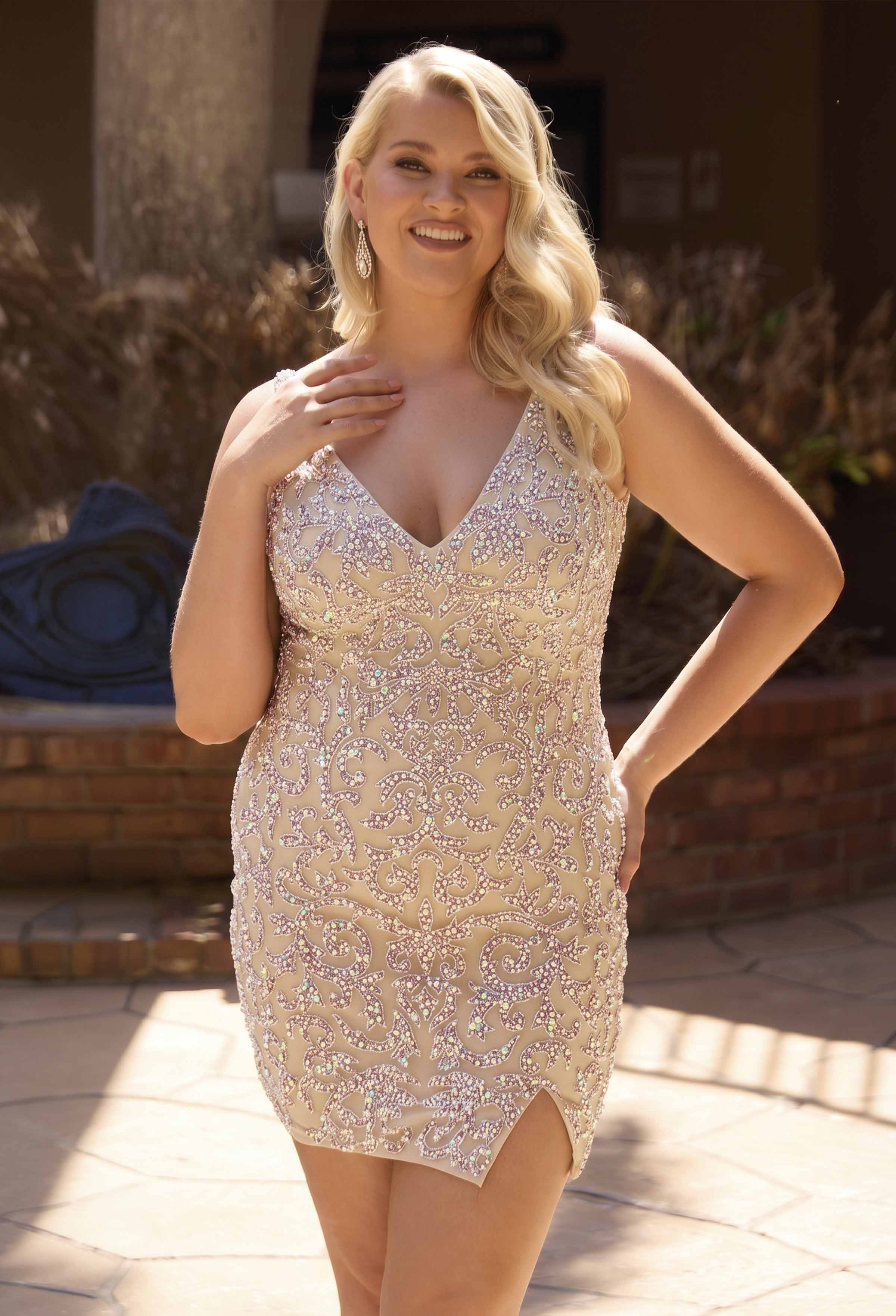 Nude V-Neck Short Sequined Glitz Cocktail Party Dress Primavera Couture 14117