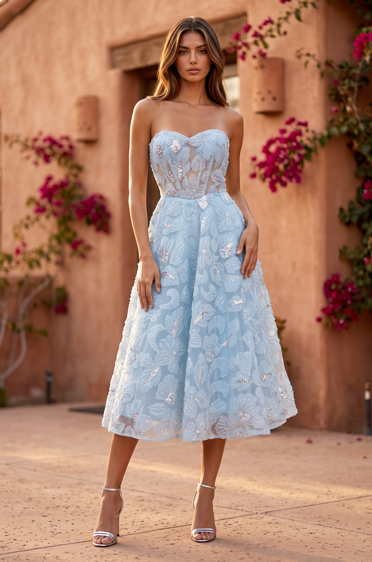 Cocktail Dresses Strapless Formal A Line Floral Lace Midi Cocktail Dress Dusty Blue