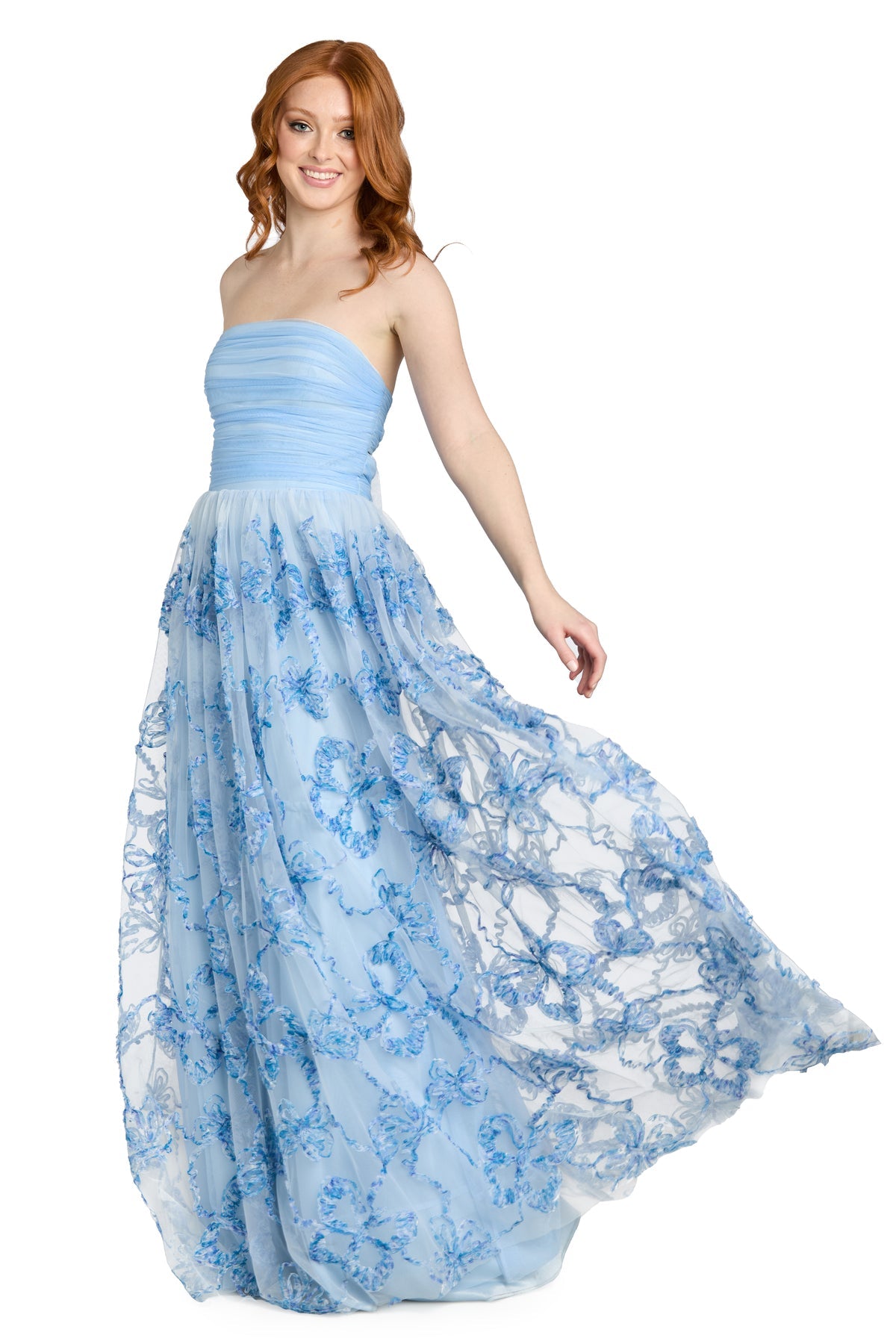 Strapless Long Floral Prom Dress by Morgan & Co 14135 in Blue