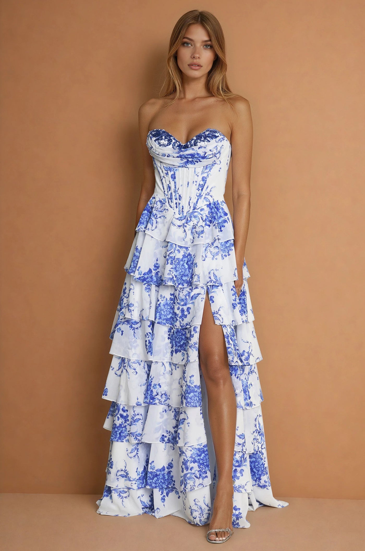 Prom Dresses Long Corset Print Prom Gown Blue