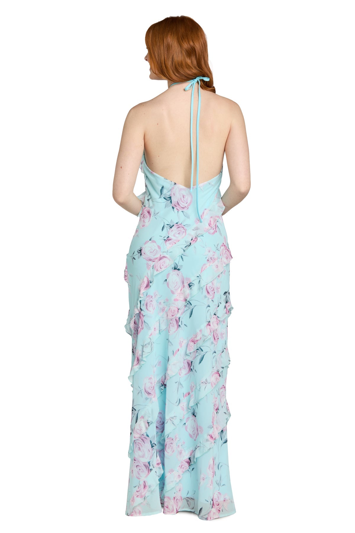 Baby/Blue Halter Floor-Length Mesh Spring Event Dress Cascading Ruffles Morgan & Co 14173