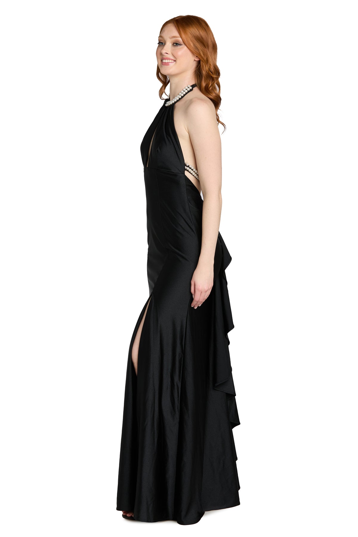 Halter Neck Long Satin Prom Dress by Morgan & Co. 14178 in Black