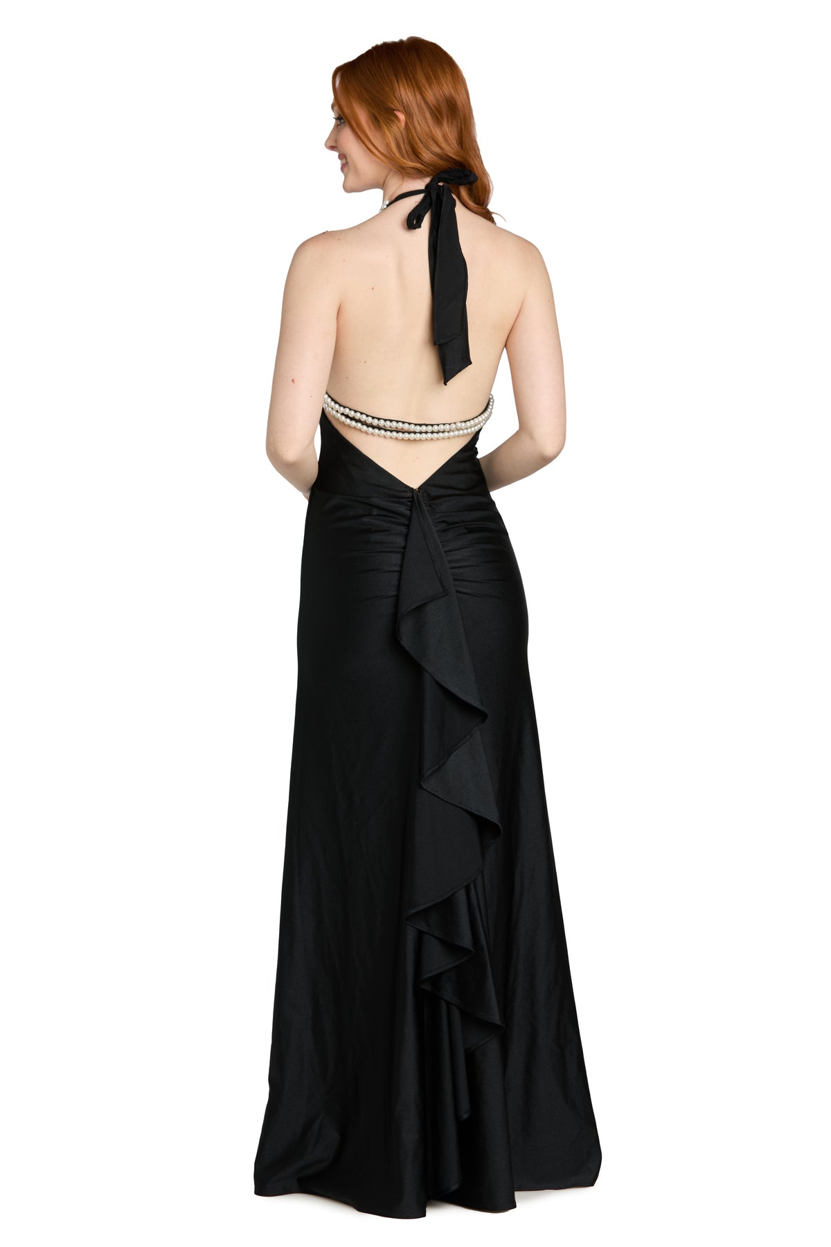 Halter Neck Long Satin Prom Dress by Morgan & Co. 14178 in Black