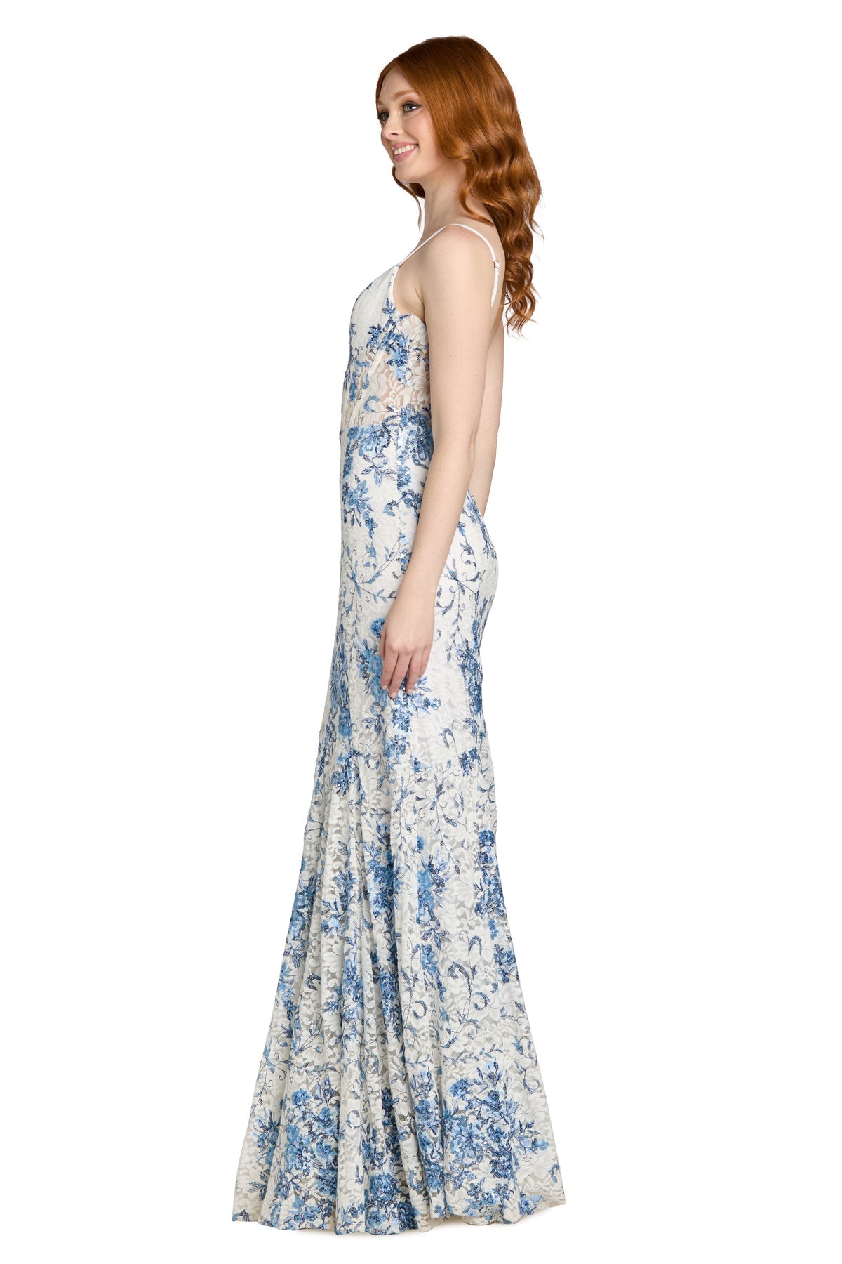 V-Neck Floor-Length Floral Lace Formal Mermaid Gown Morgan & Co 14181