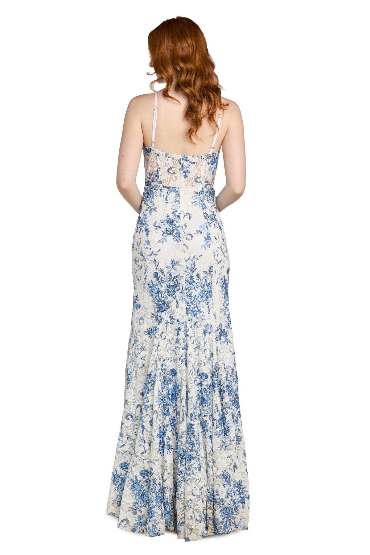 V-Neck Floor-Length Floral Lace Formal Mermaid Gown Morgan & Co 14181