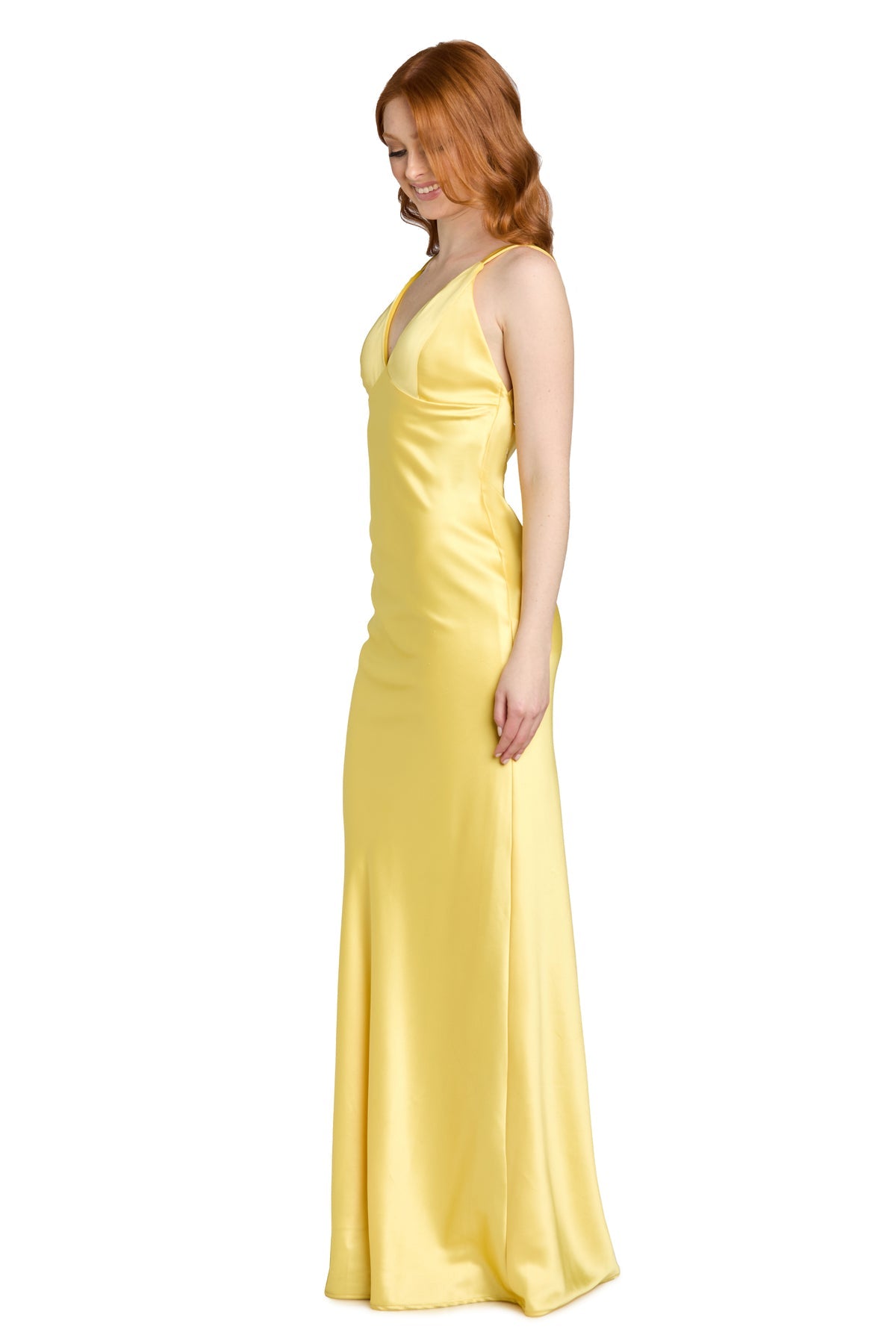 V-Neck Long Satin Prom Dress by Morgan & Co 14185 in Yellow