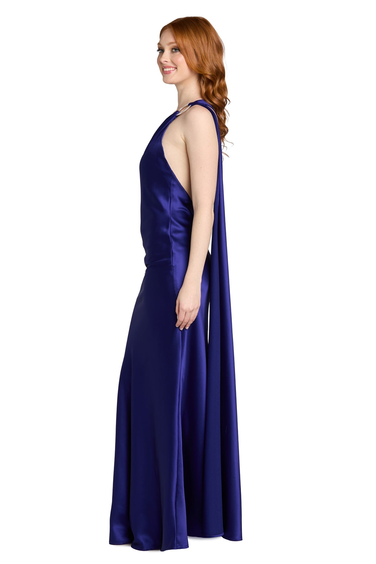 One-Shoulder Satin Long Prom Dress by Morgan & Co 14199 in Purple