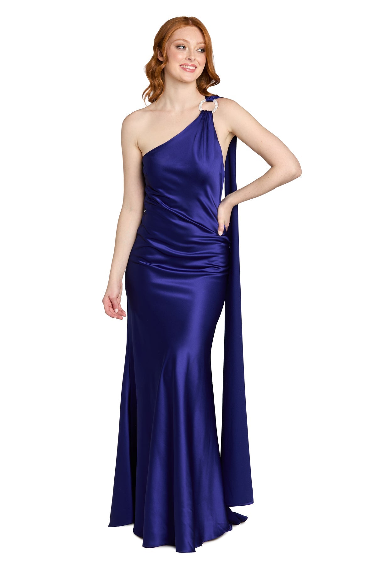 One-Shoulder Satin Long Prom Dress by Morgan & Co 14199 in Purple