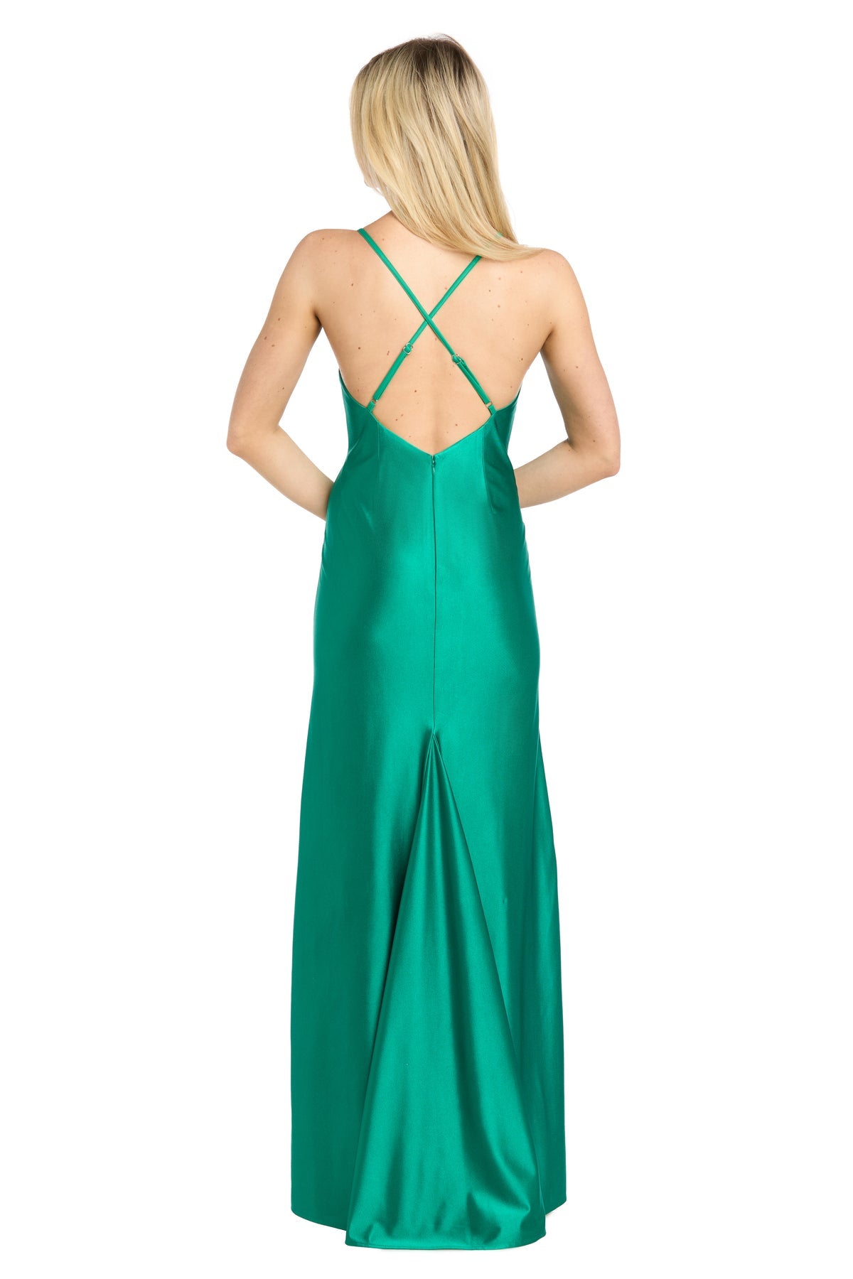Emerald V-Neck Floor-Length Satin Formal Slip Gown Criss-Cross Back Morgan & Co 14221