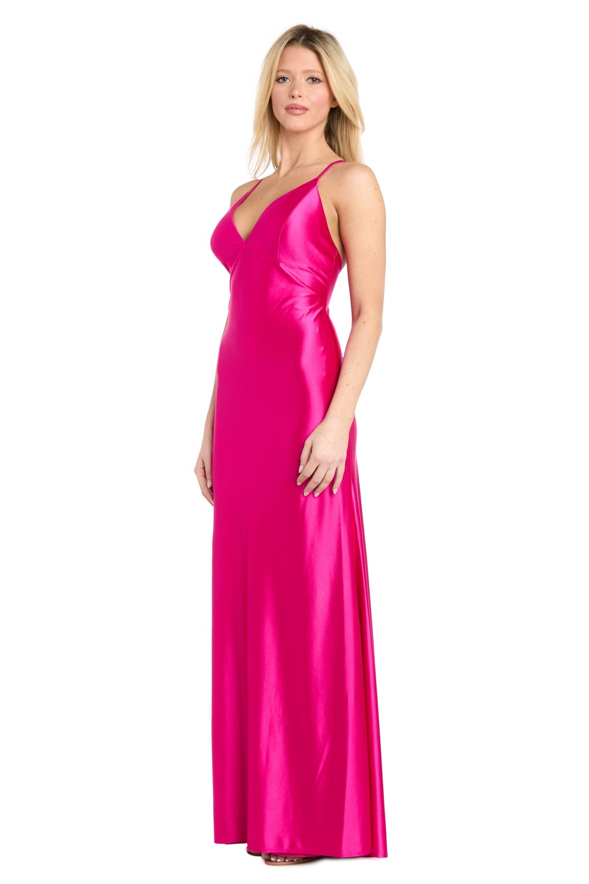 Hot Pink V-Neck Floor-Length Satin Formal Slip Gown Criss-Cross Back Morgan & Co 14221