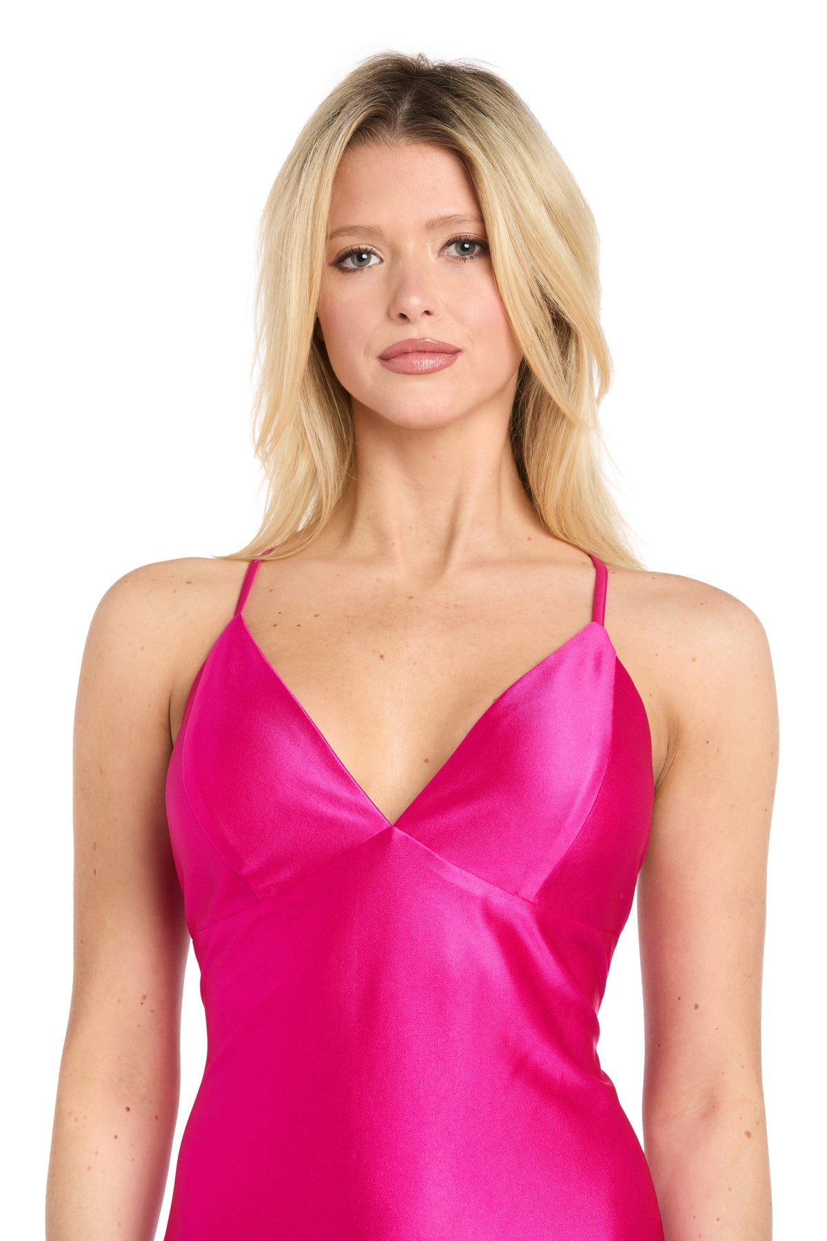 Hot Pink V-Neck Floor-Length Satin Formal Slip Gown Criss-Cross Back Morgan & Co 14221