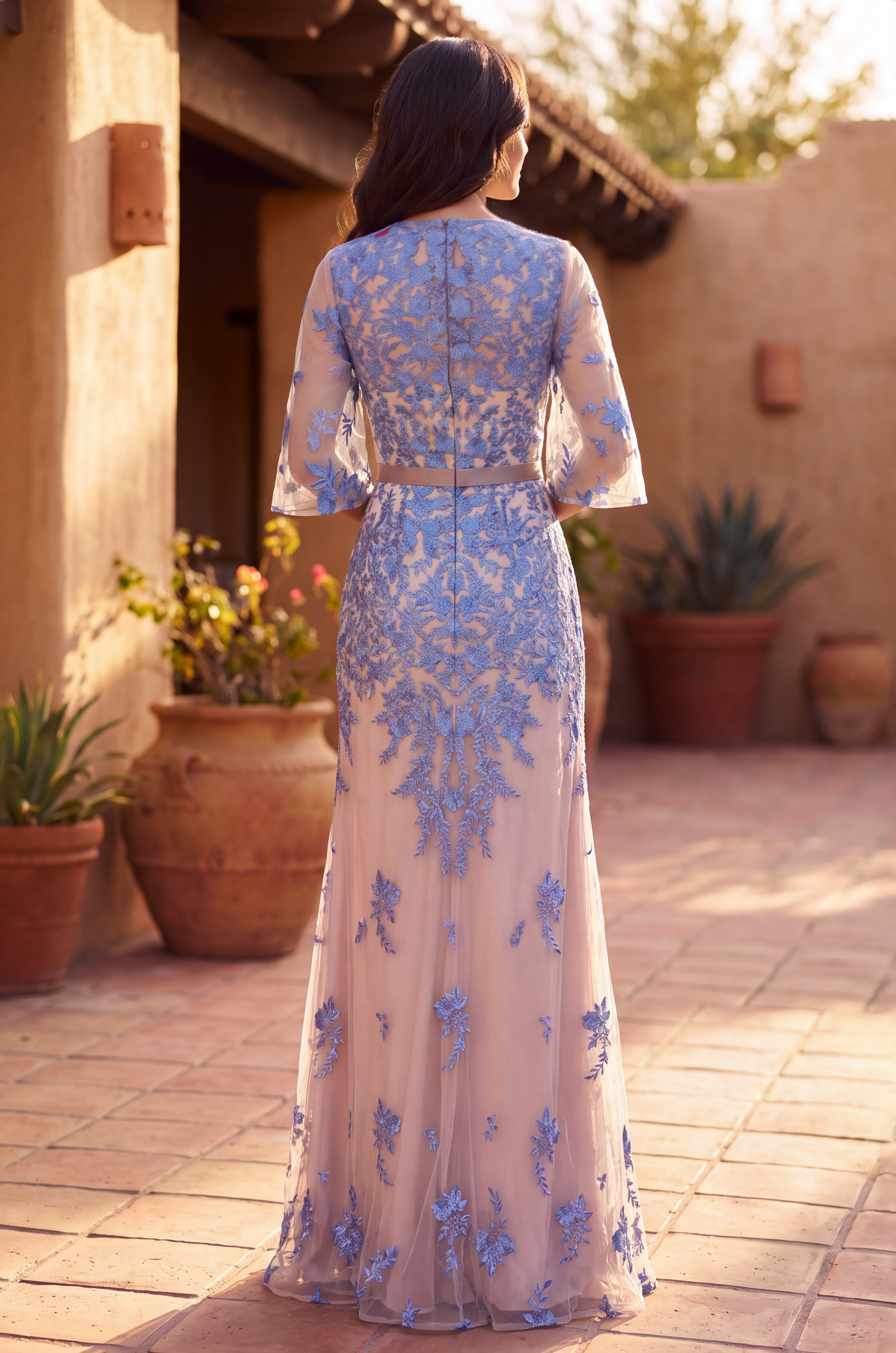 Long Floral Lace Formal Flutter Sleeve Evening Dress Blue