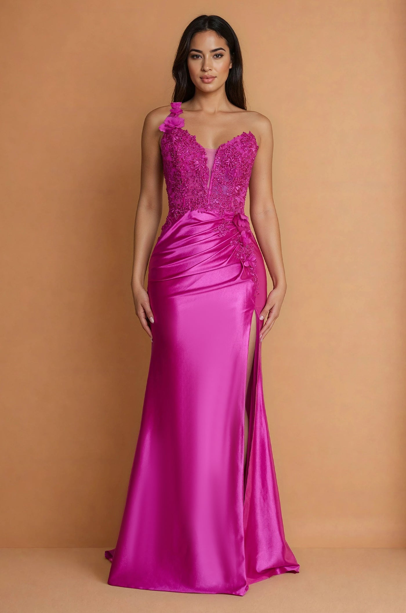 Formal Dresses One Shoulder Formal Dress with Lace Bodice Fuchsia