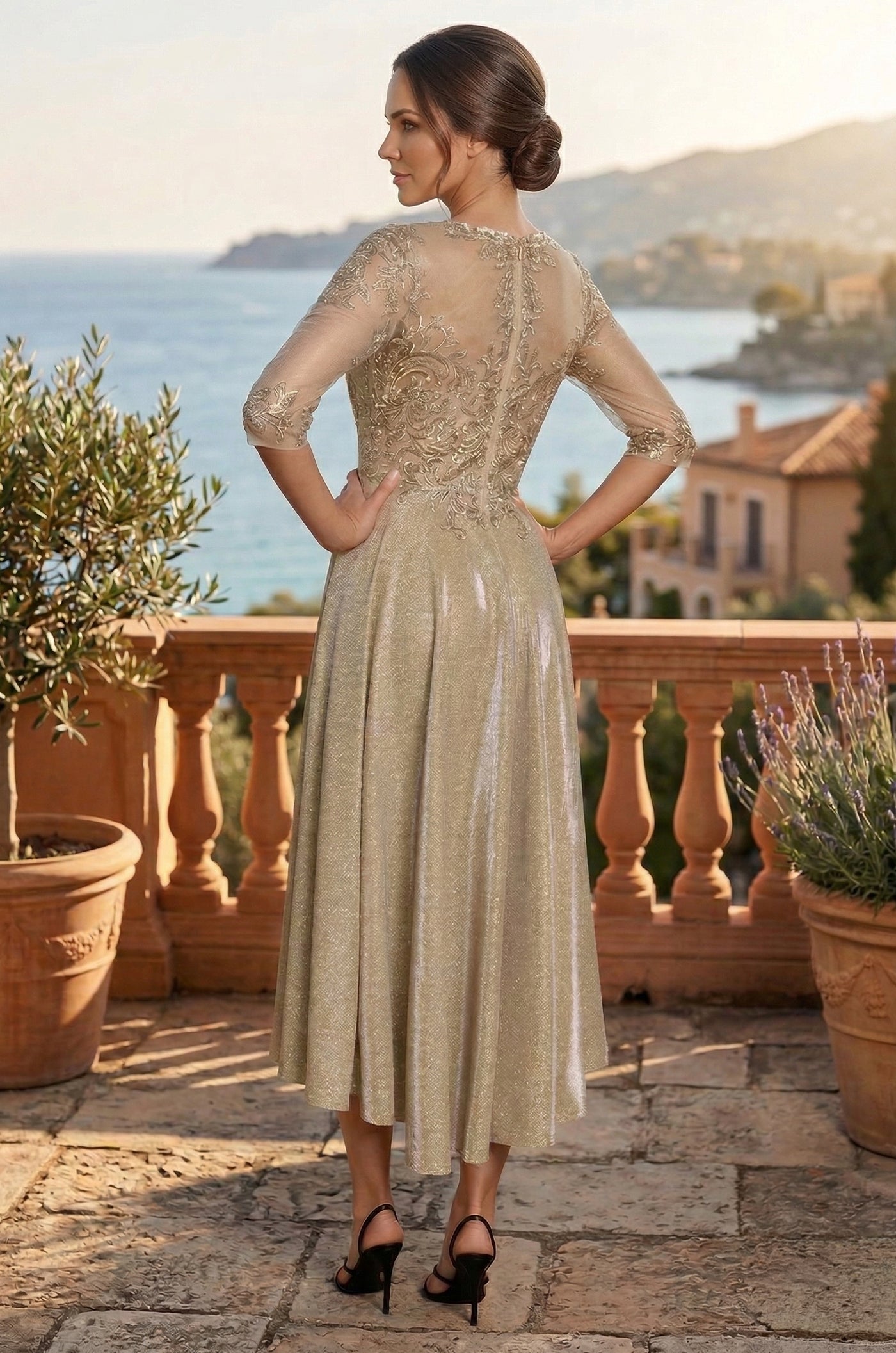 Glitter Swirl Embroidered A Line Formal Dress in Gold