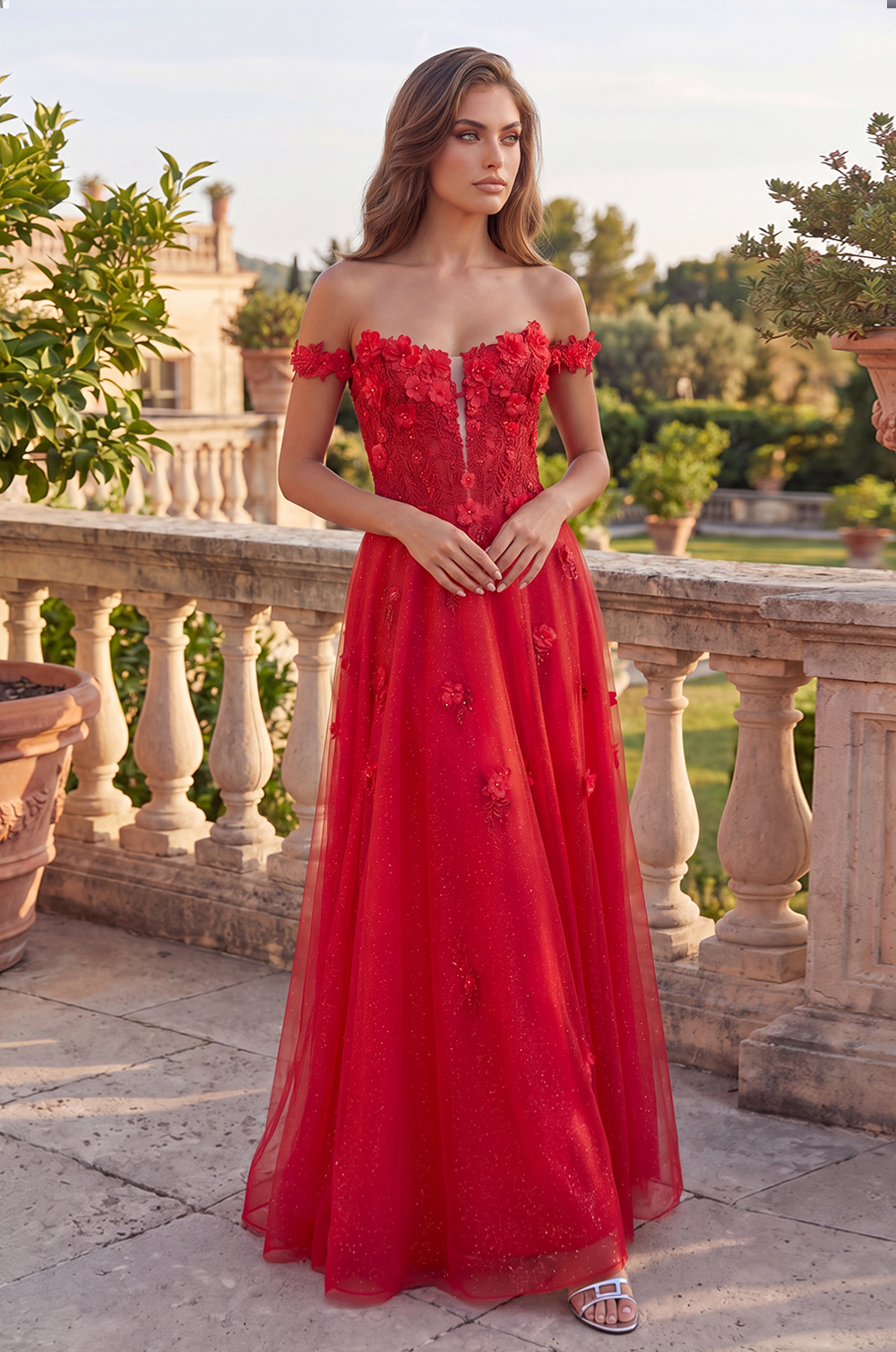 Red Lace Long Prom Dress with Floral Straps for Women