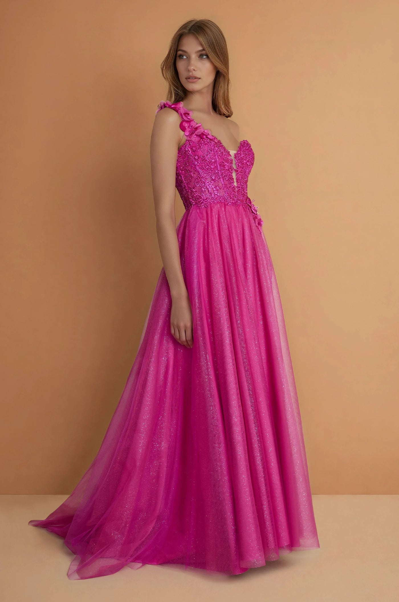 Prom Dresses One Shoulder Lace Prom Ball Gown Fuchsia