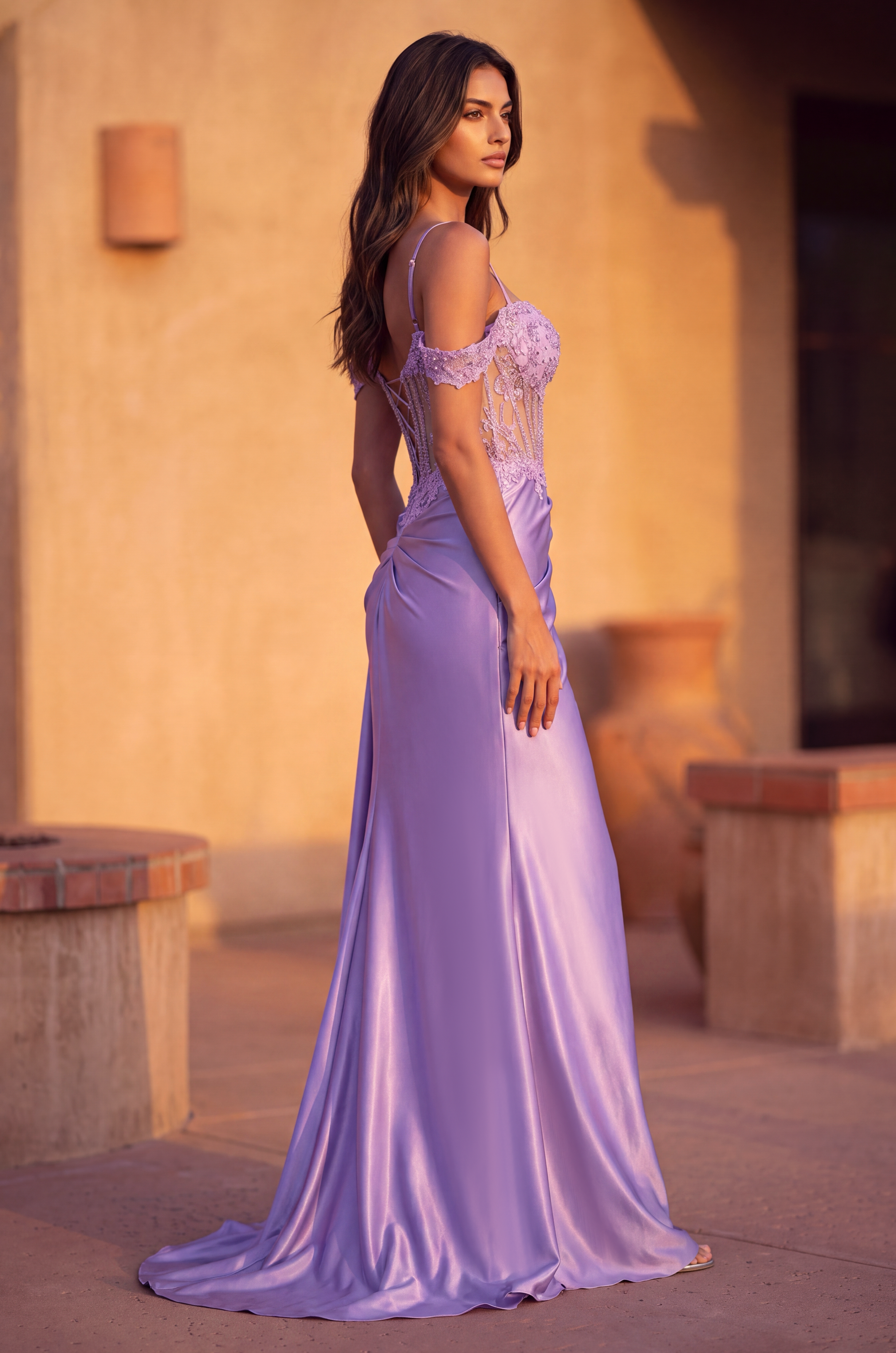 Long Corset Prom Dresss with Beaded Drape Slit Lilac