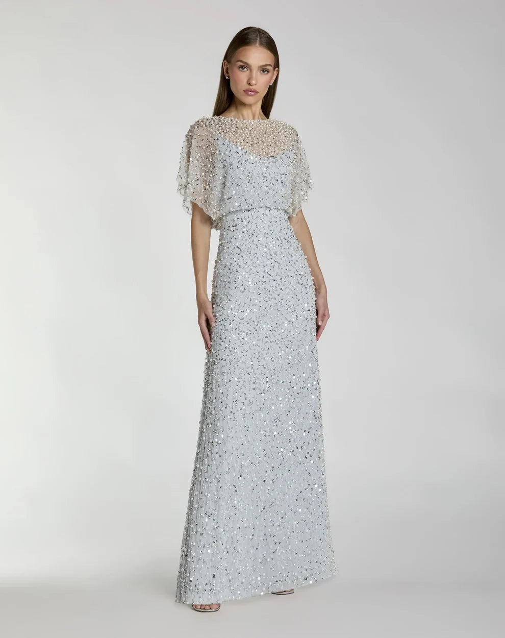 Mother of the Bride Dresses Long Formal Sequin Beaded Mother of the Bride Petite Dress Mac Duggal 9914523P Powder Blue