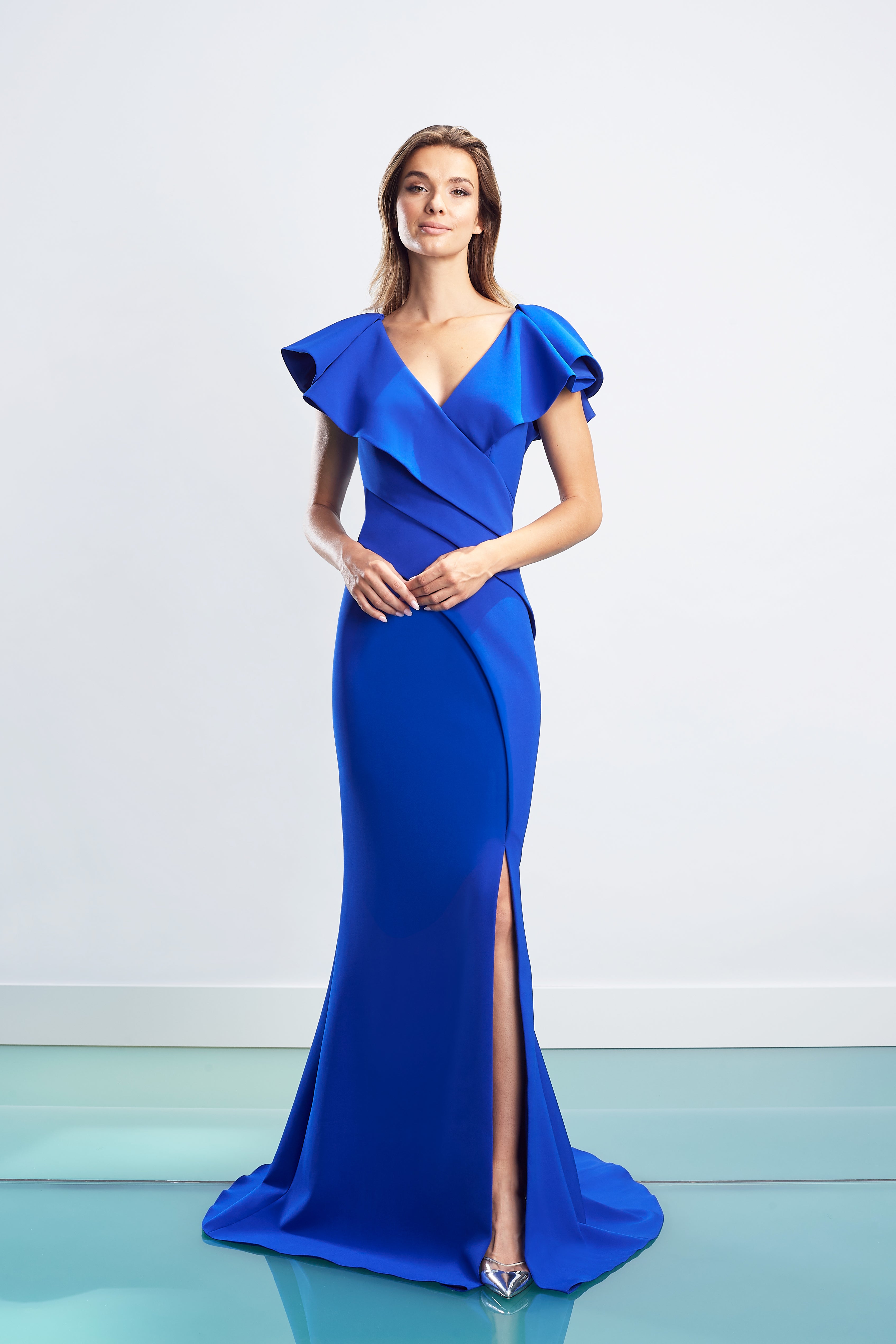 Formal Dresses Long Pleated Ruffle Slit Formal Dress Blue