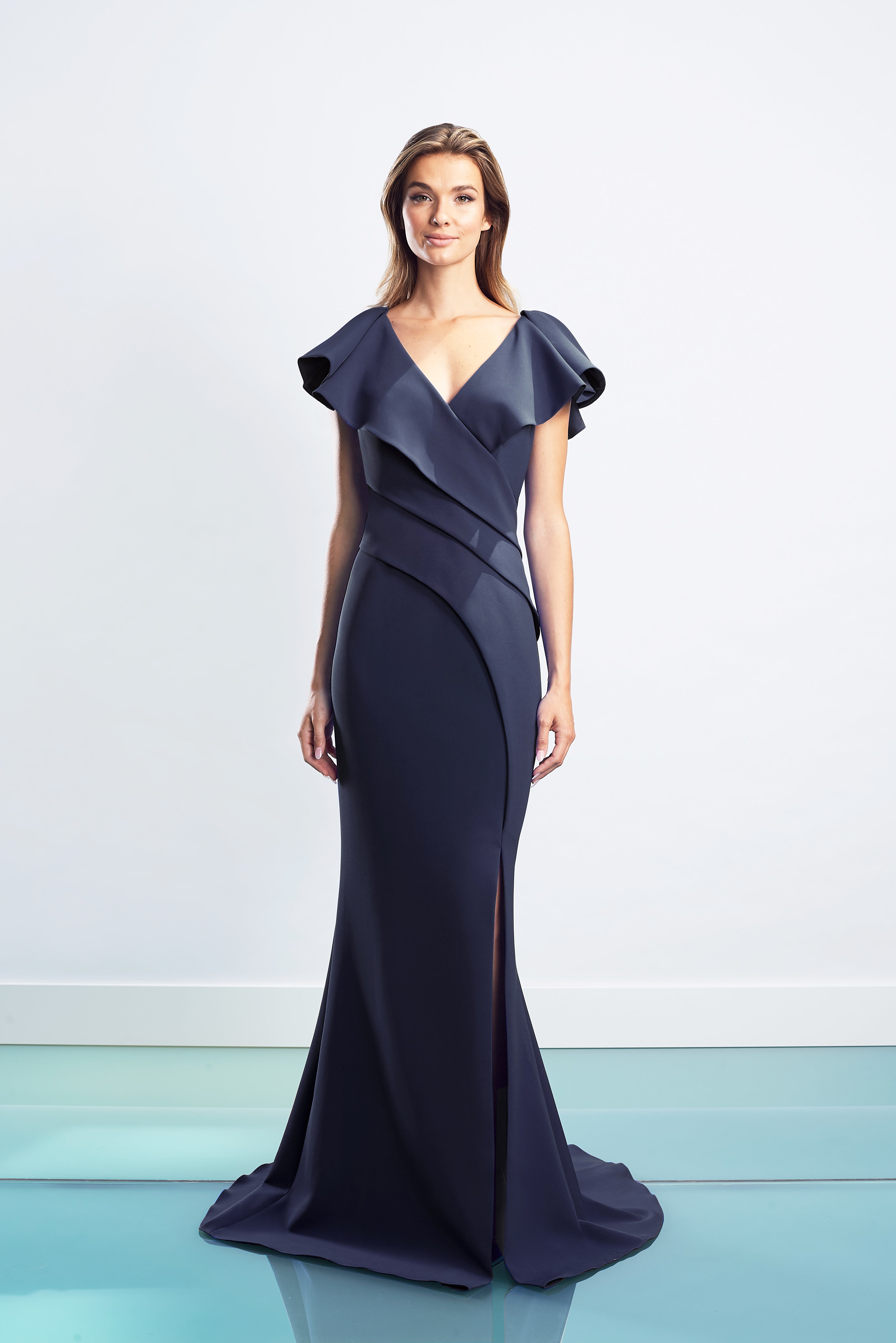 Formal Dresses Long Pleated Ruffle Slit Formal Dress Navy