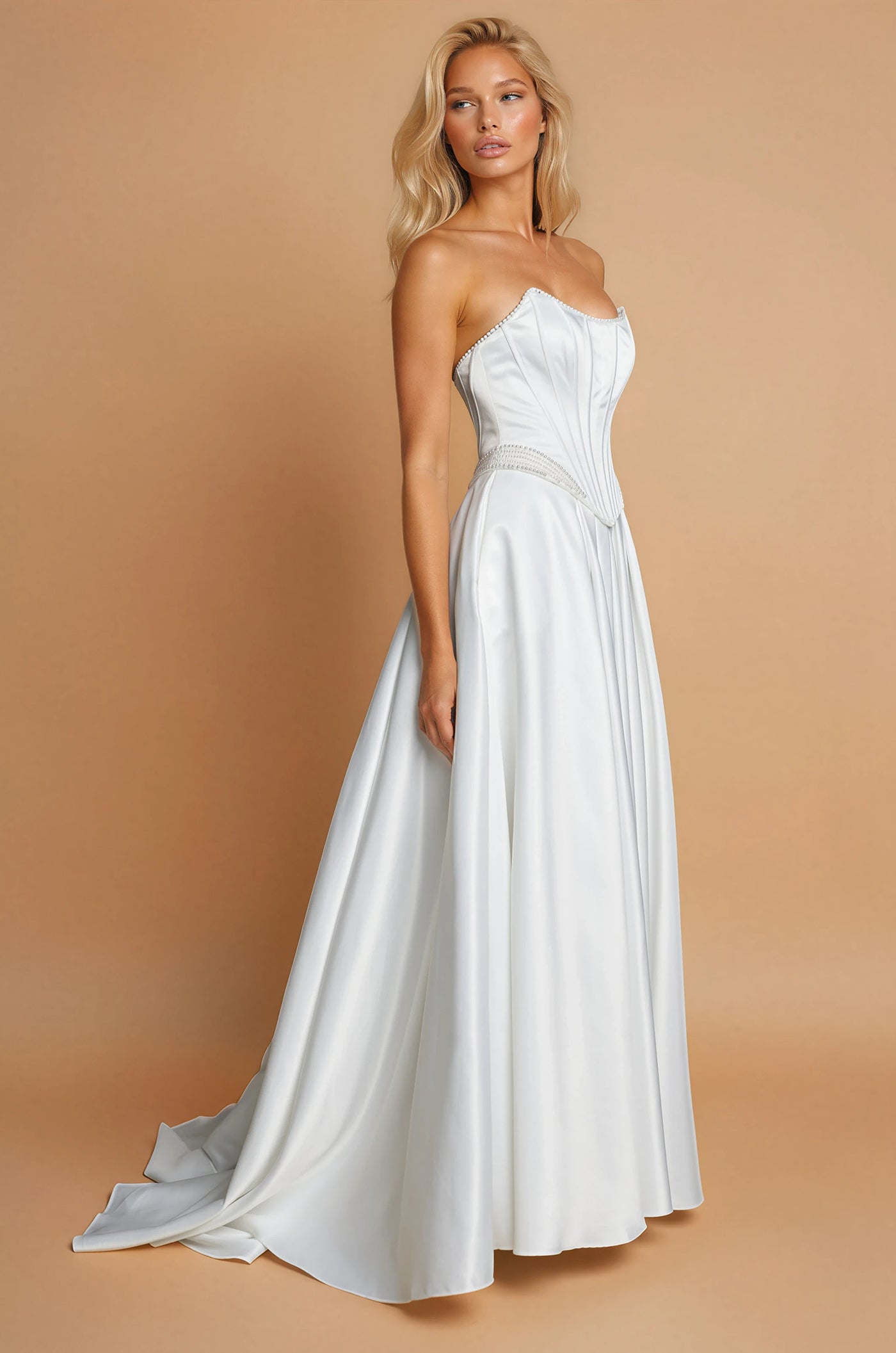 Long Strapless Satin A Line High Slit Pocket Wedding Dress Ivory