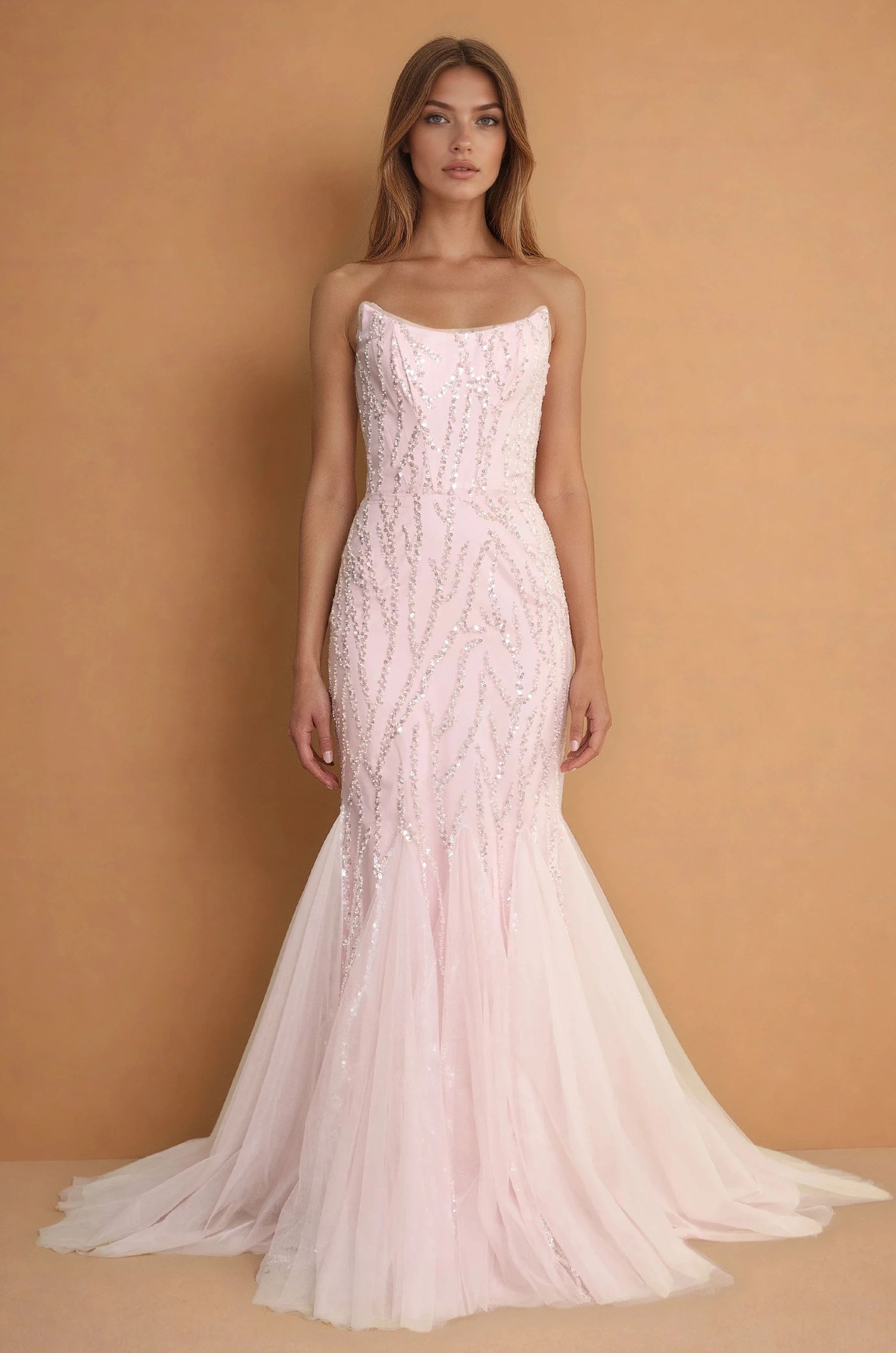 Prom Dresses Long Mermaid Beaded Formal Evening Dress Blush