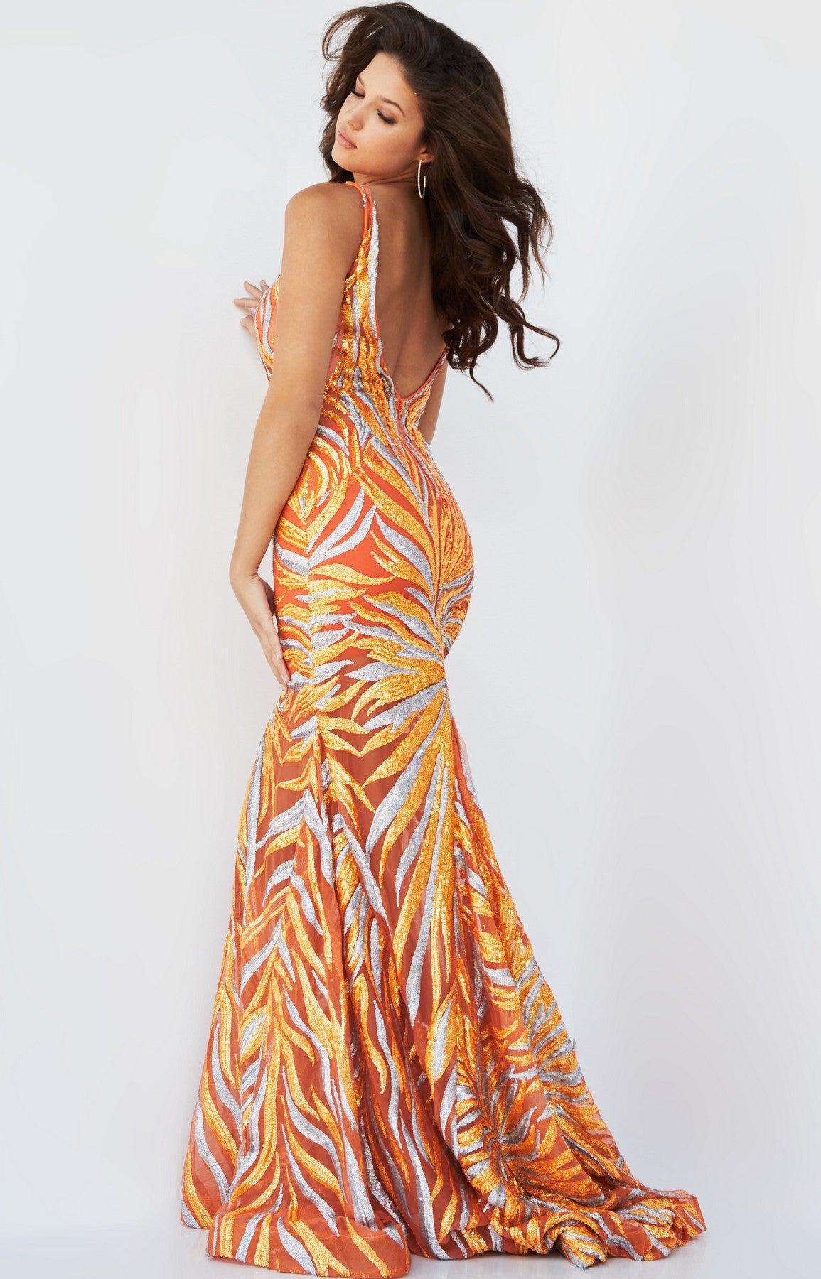 Prom Dresses Fitted Sequin Long Formal Prom Dress Orange Silver