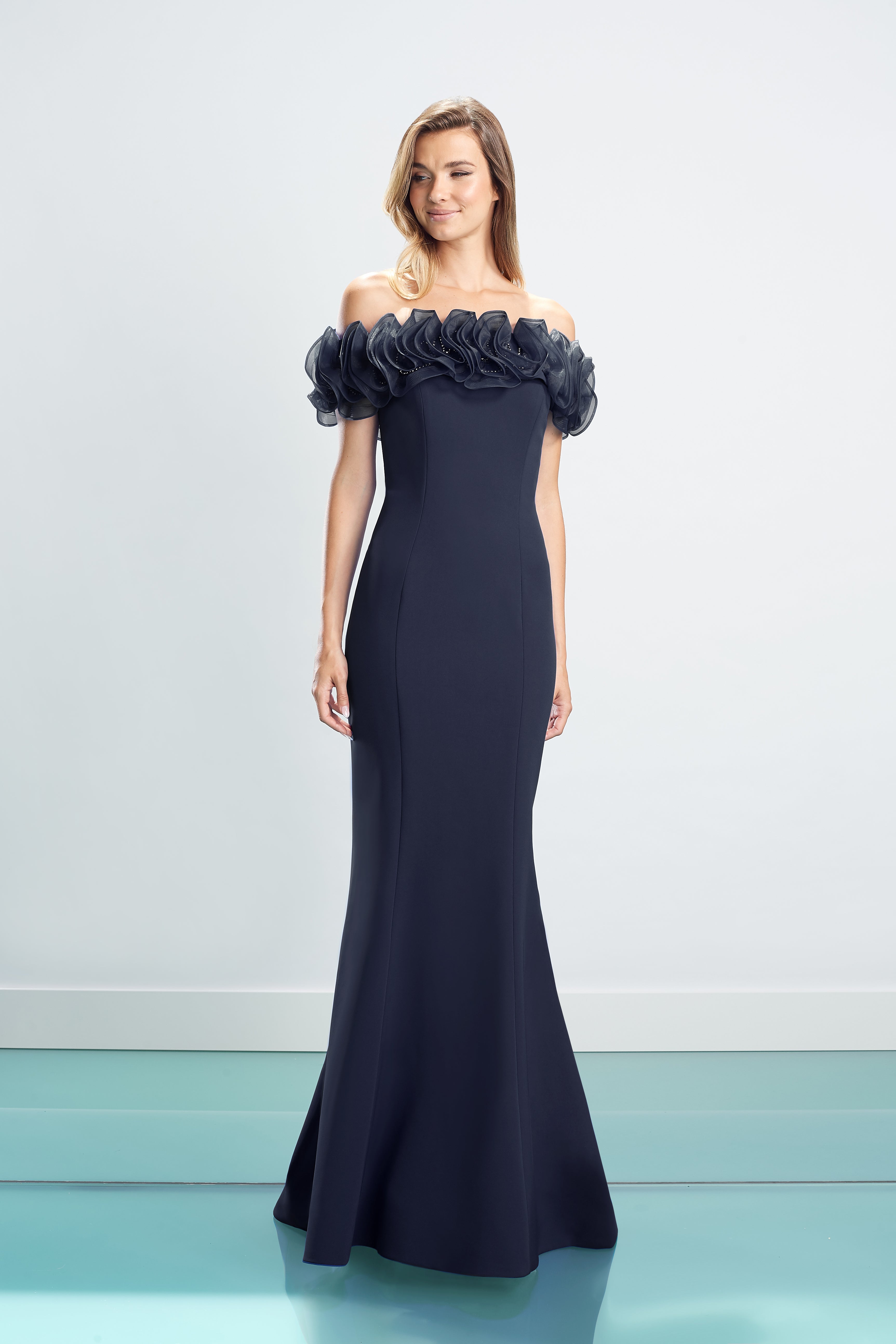 Formal Dresses Long Formal Fitted Floral Ruffle Dress Navy