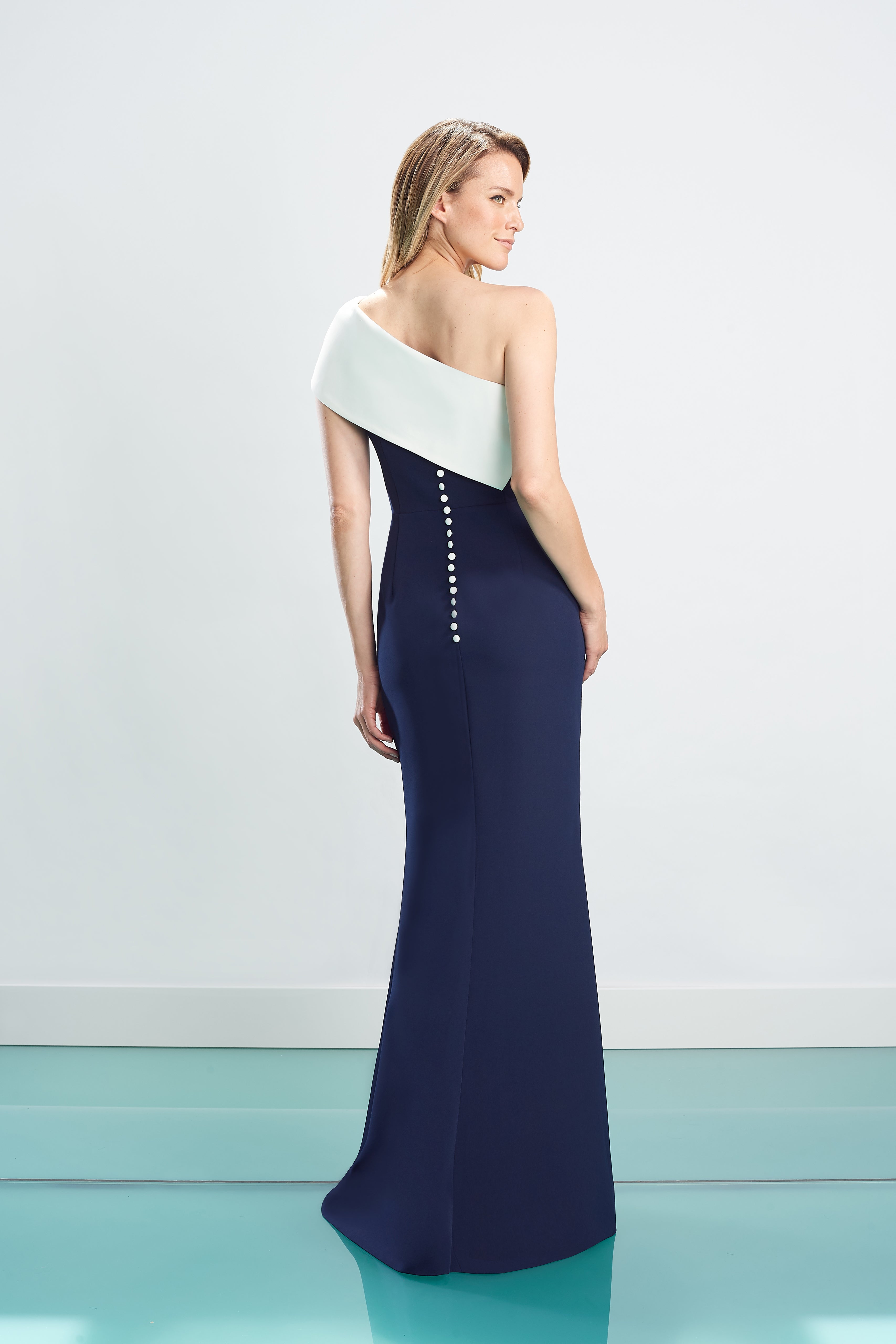 Formal Dresses Long Ruffle Slit Formal Evening Dress Navy/White