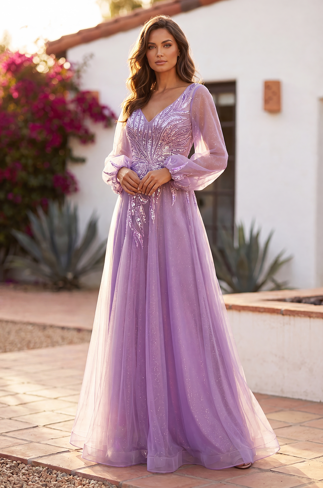 Beaded V-Neck Long Sleeve Formal Evening Gown