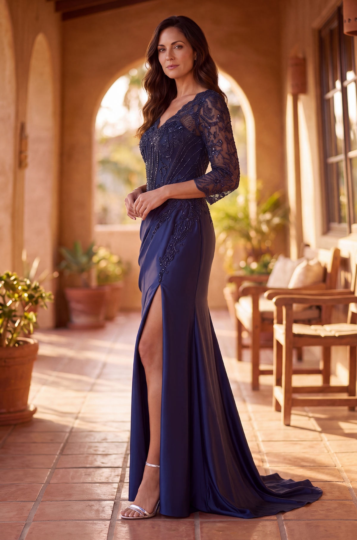 V Neck Beaded Evening Gown Long Sleeve Formal Dress Navy