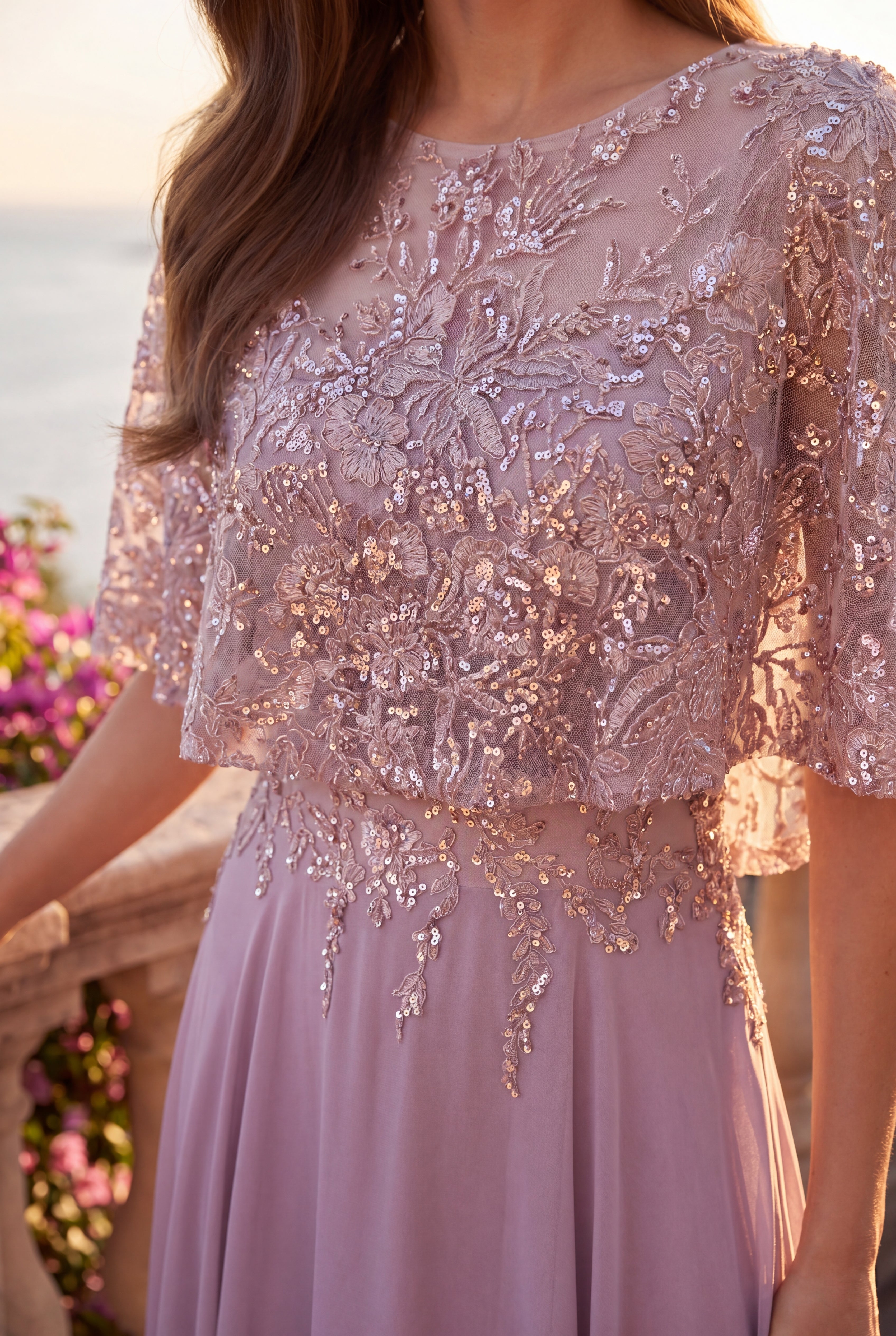 Sequin Lace Cape Sleeve Long Formal Chiffon Evening Gown Mauve