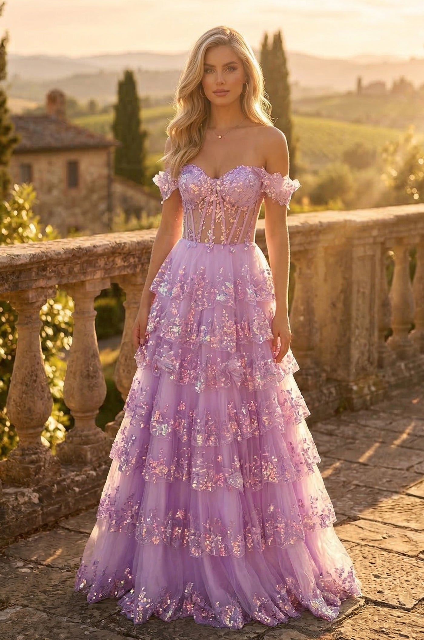 Long Corset Ruffled Off Shoulder Prom Dress
