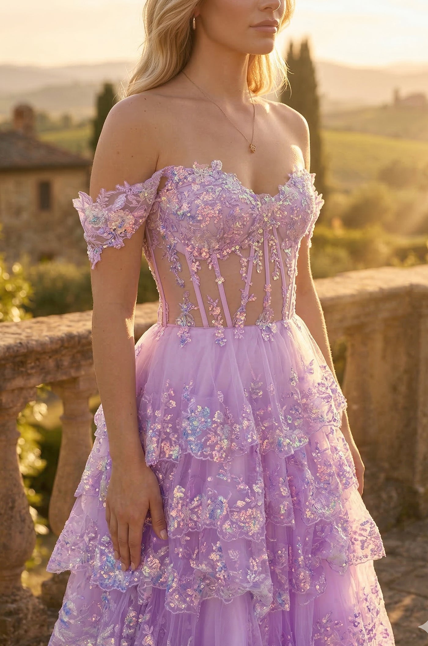 Long Corset Ruffled Off Shoulder Prom Dress
