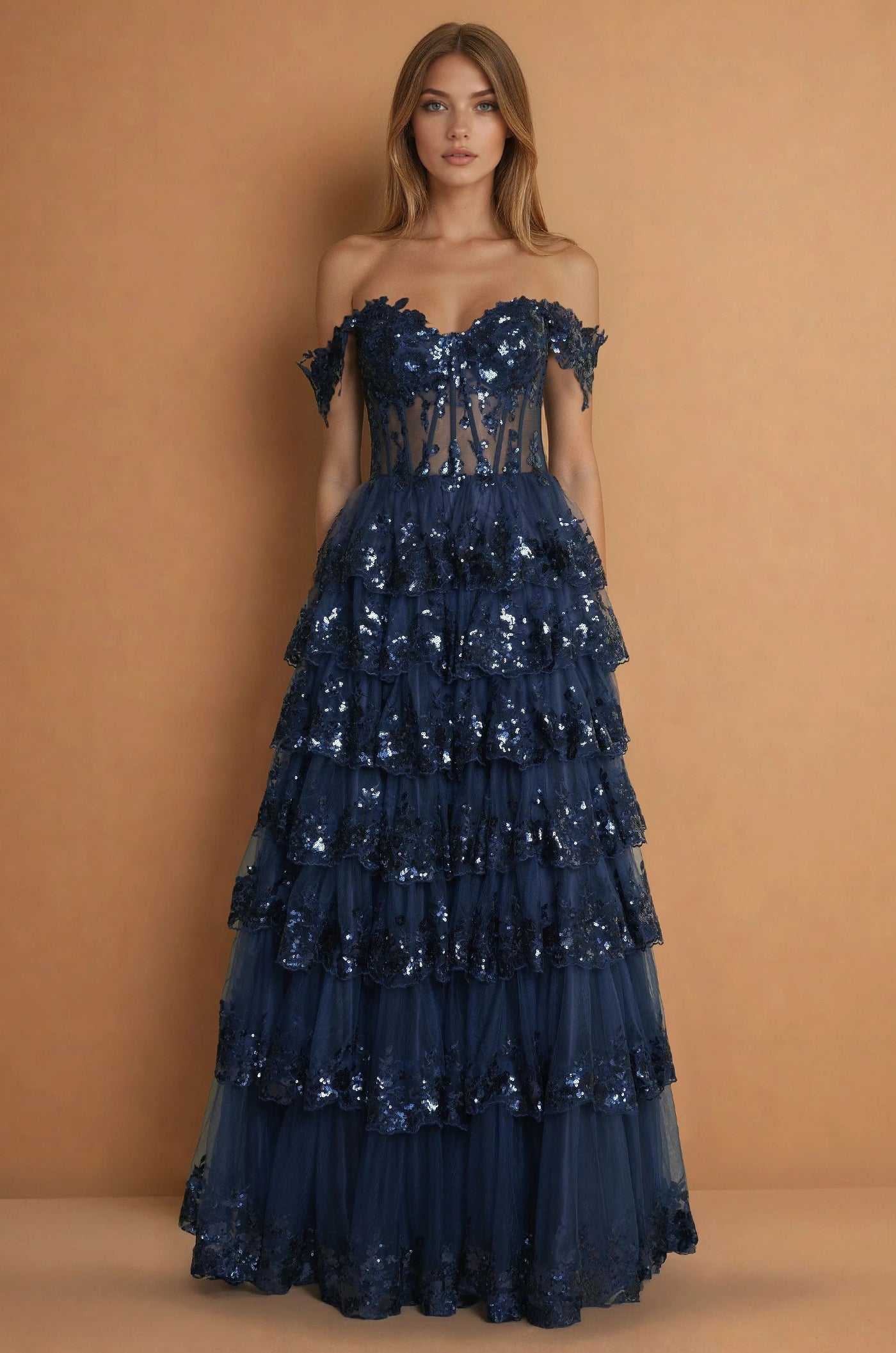 Prom Dresses Long Corset Ruffled Prom Dress Navy
