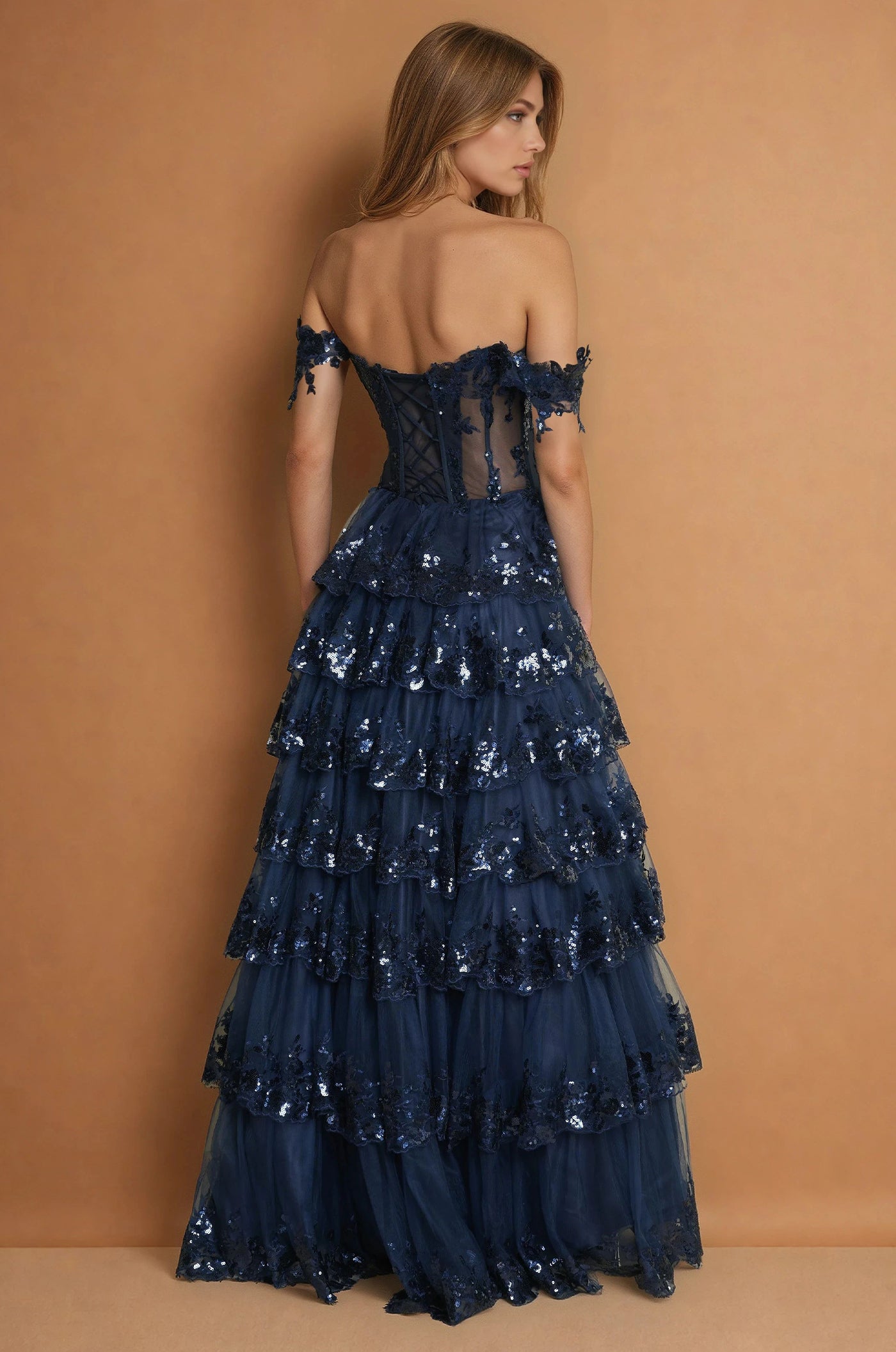 Prom Dresses Long Corset Ruffled Prom Dress Navy