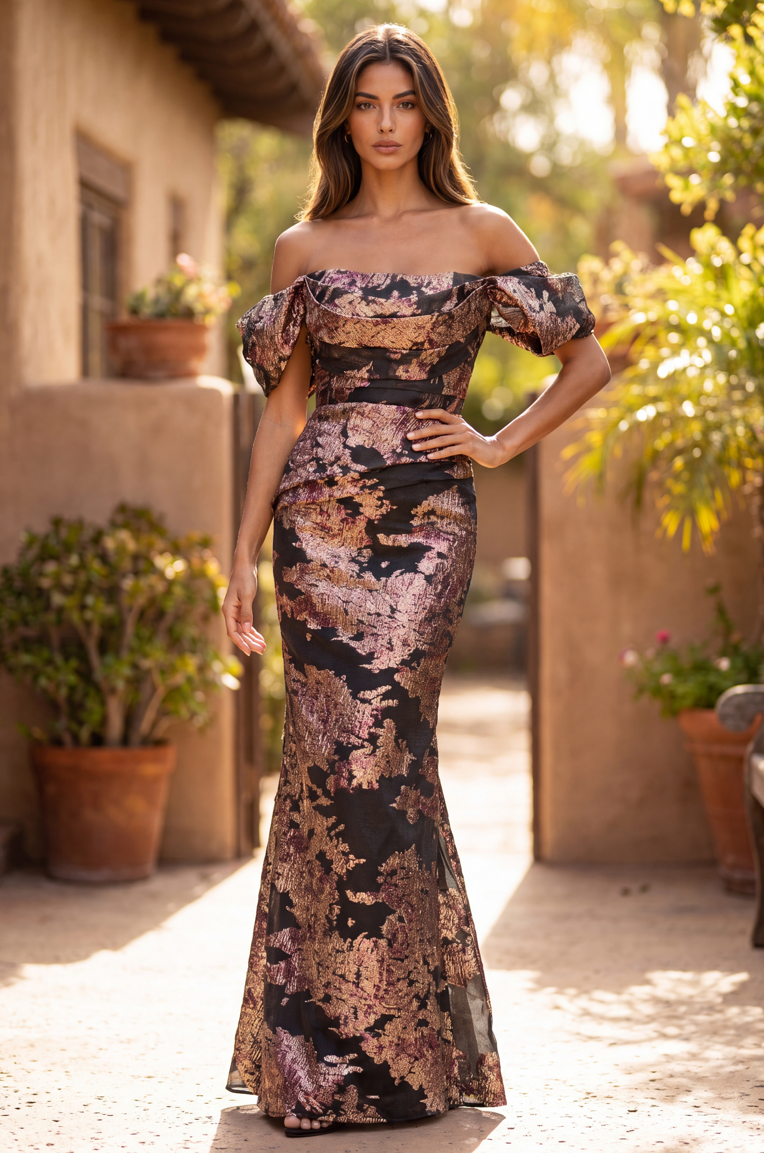 Long Off Shoulder Sleeve Formal Couture Evening Dress Burgundy