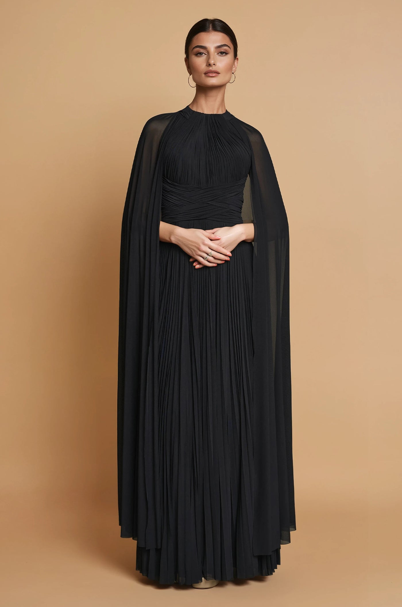 Pleated A Line Long Formal High Neck Cape Sleeve Dress in Black