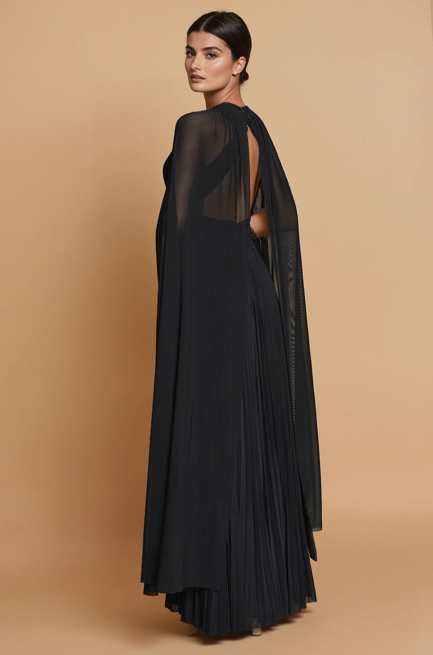 Pleated A Line Long Formal High Neck Cape Sleeve Dress in Black