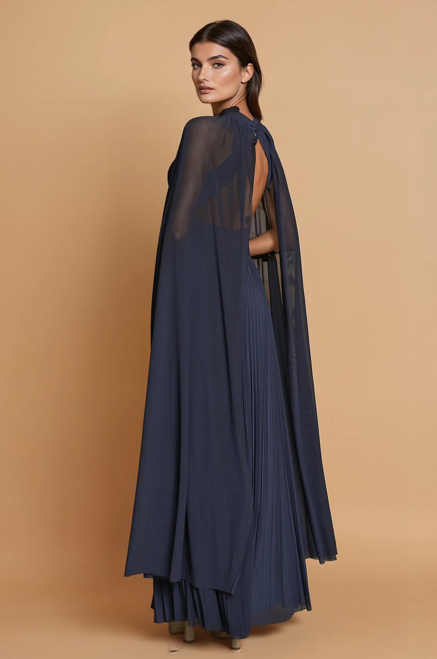High Neck Long Chiffon Evening Gown by The Dress Outlet 1519 in Navy