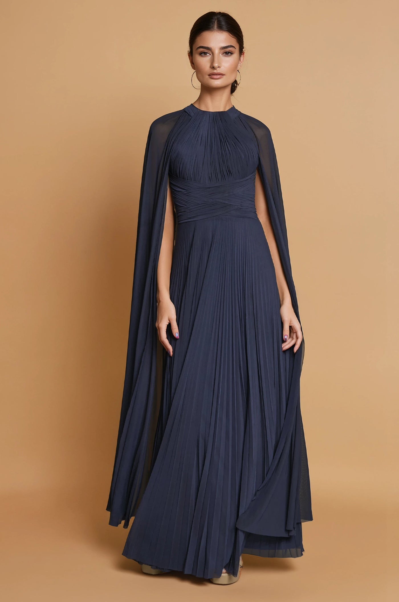 High Neck Long Chiffon Evening Gown by The Dress Outlet 1519 in Navy