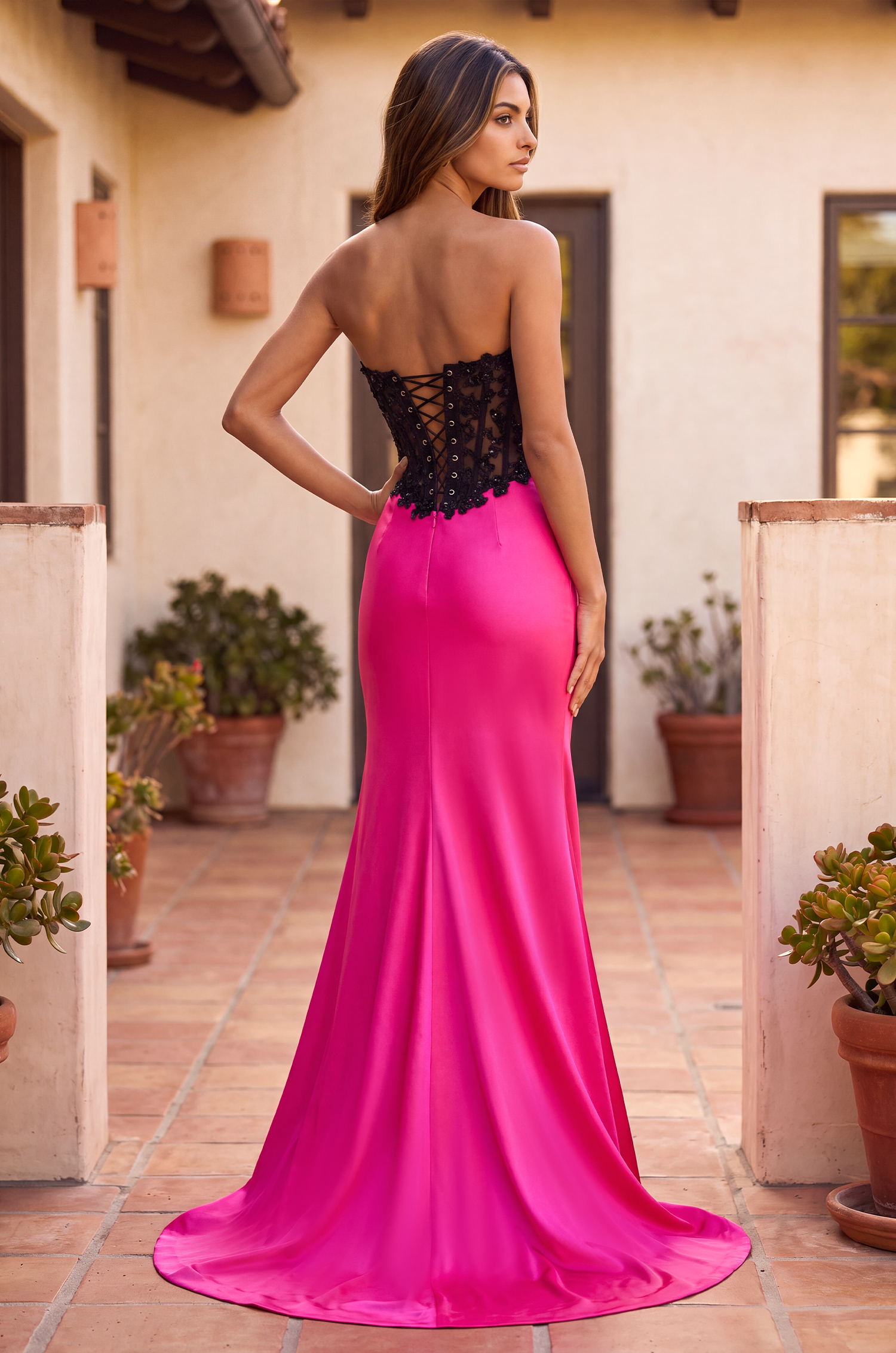 Prom Dresses Fitted Stretch Satin Long Formal Corset Prom Dress Black/Fuchsia