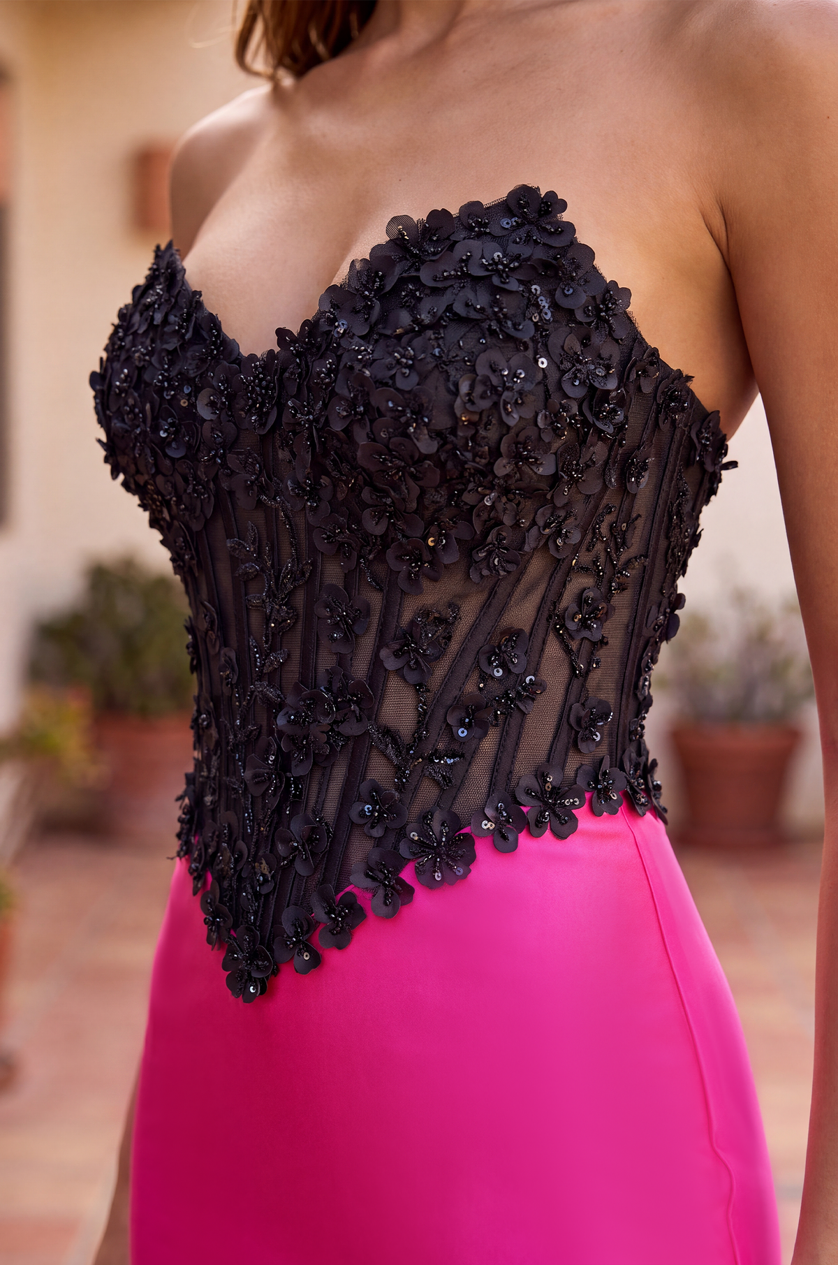 Prom Dresses Fitted Stretch Satin Long Formal Corset Prom Dress Black/Fuchsia