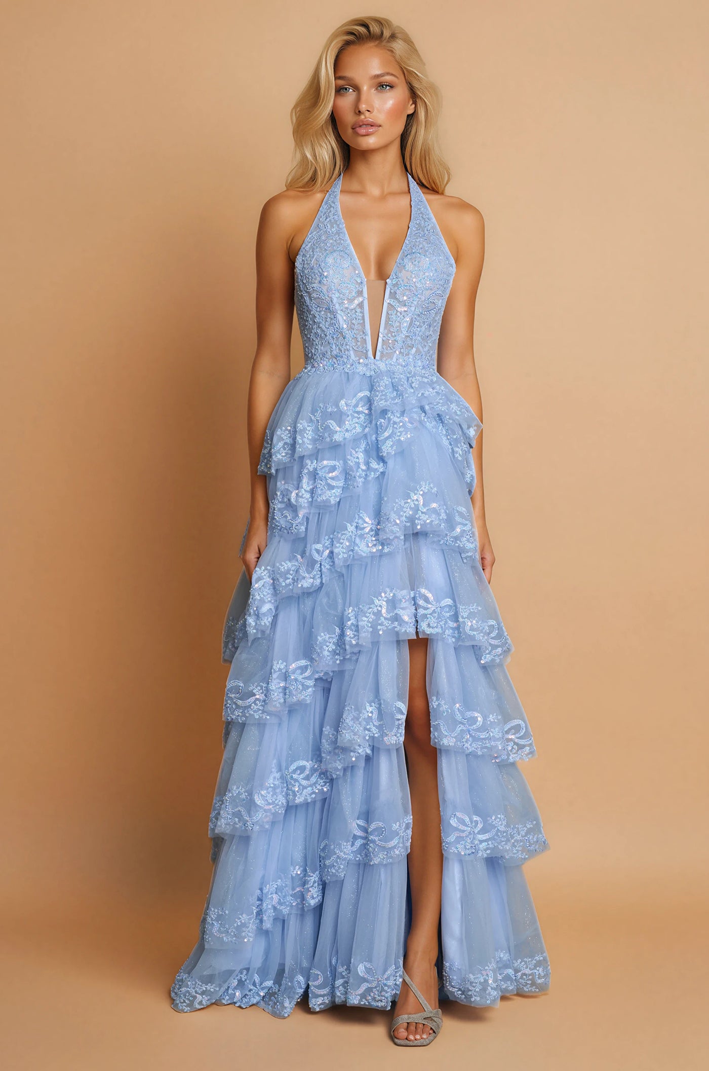 Prom Dresses Long Formal Halter Neck Beaded Corset Prom Dress Baby Blue