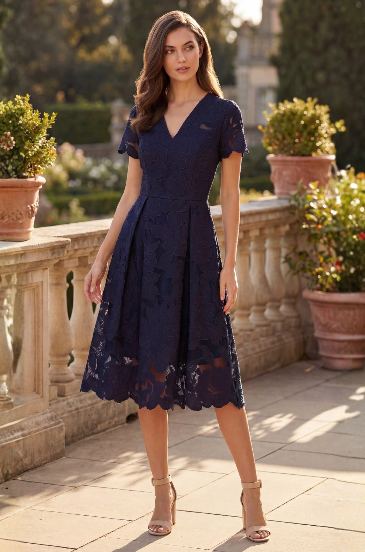 Pleated V Neck A Line Midi Cocktail Dress Navy
